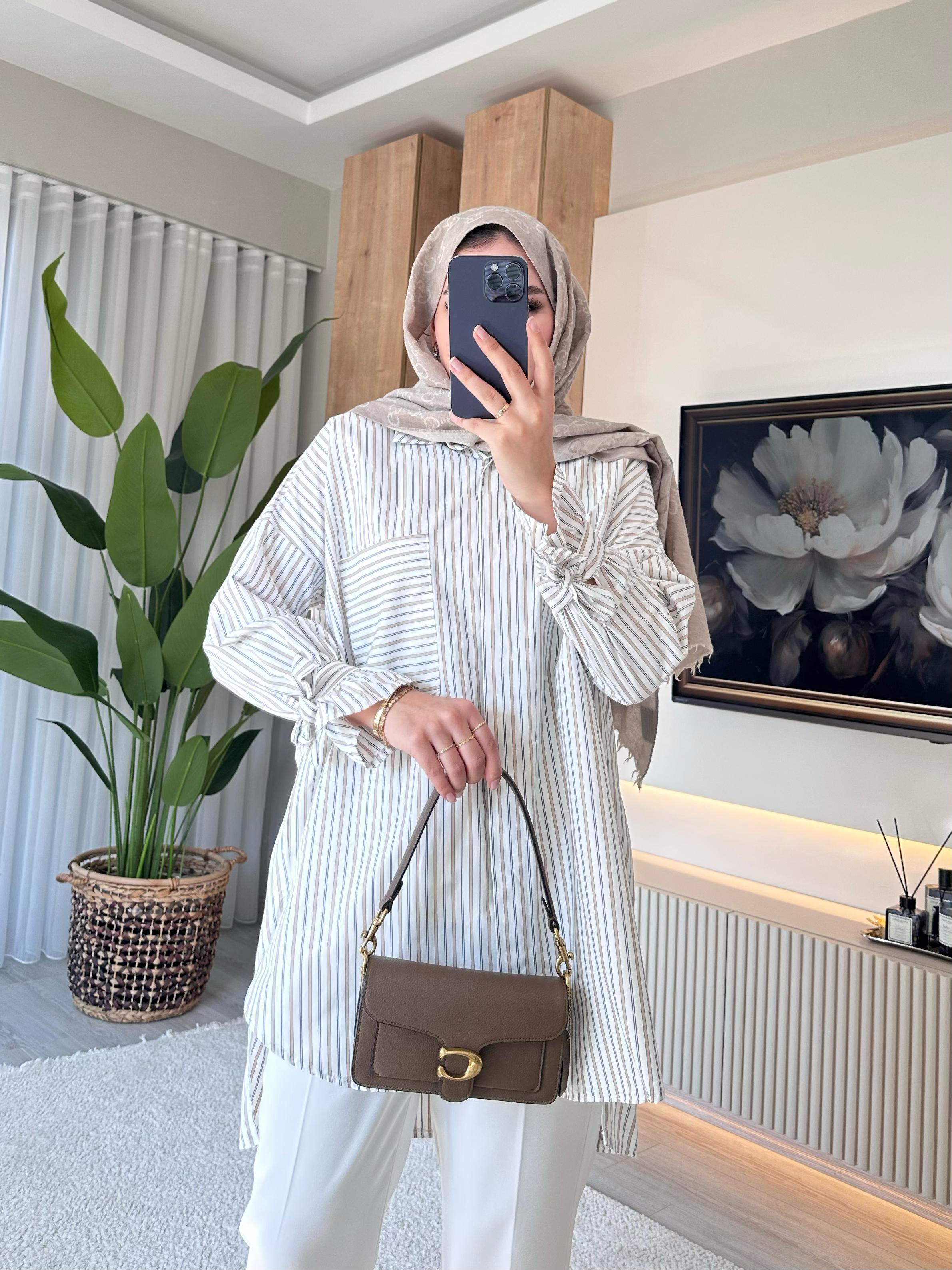 Çizgili Poplin Tunik Bej