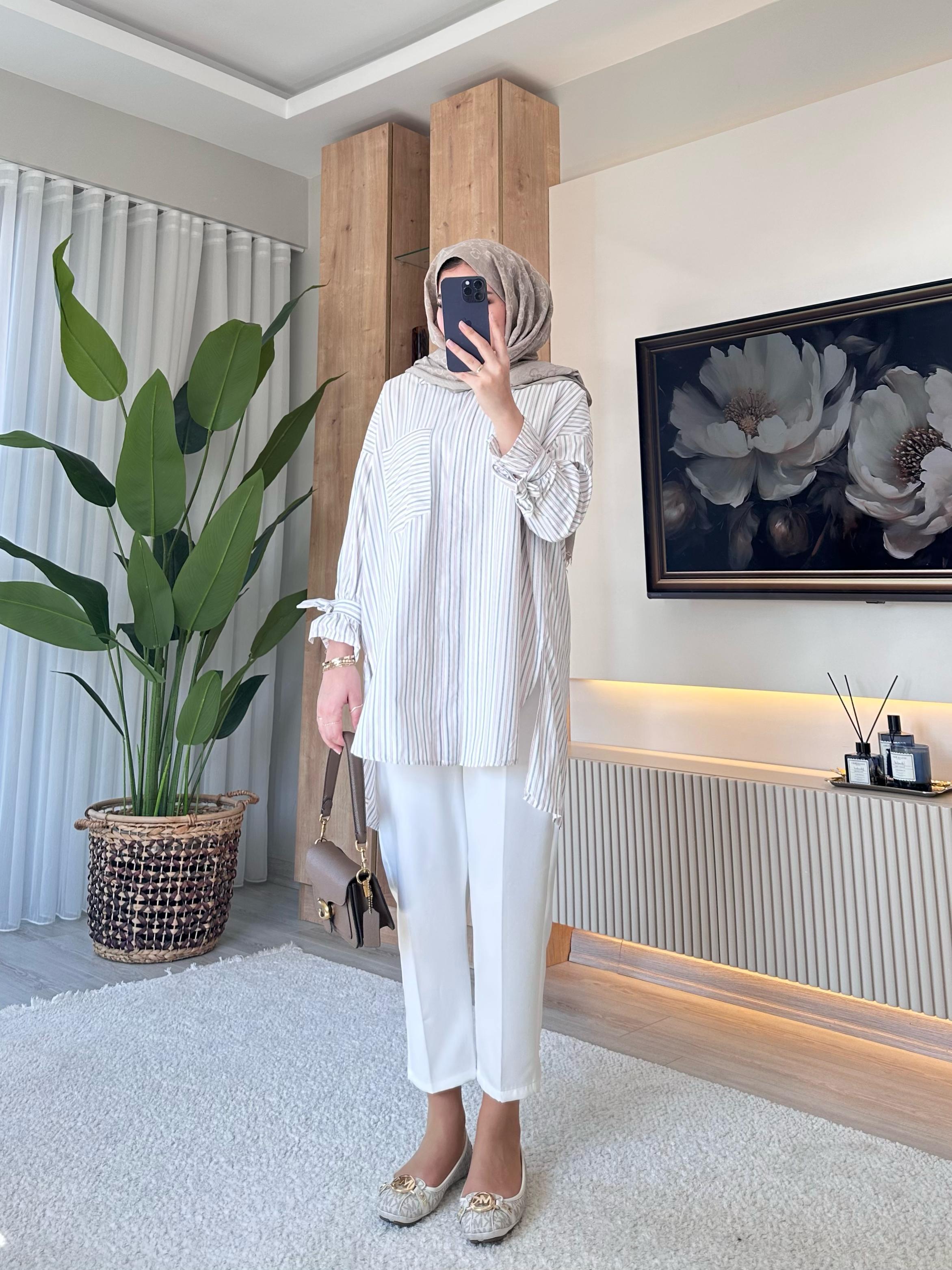 Çizgili Poplin Tunik Bej