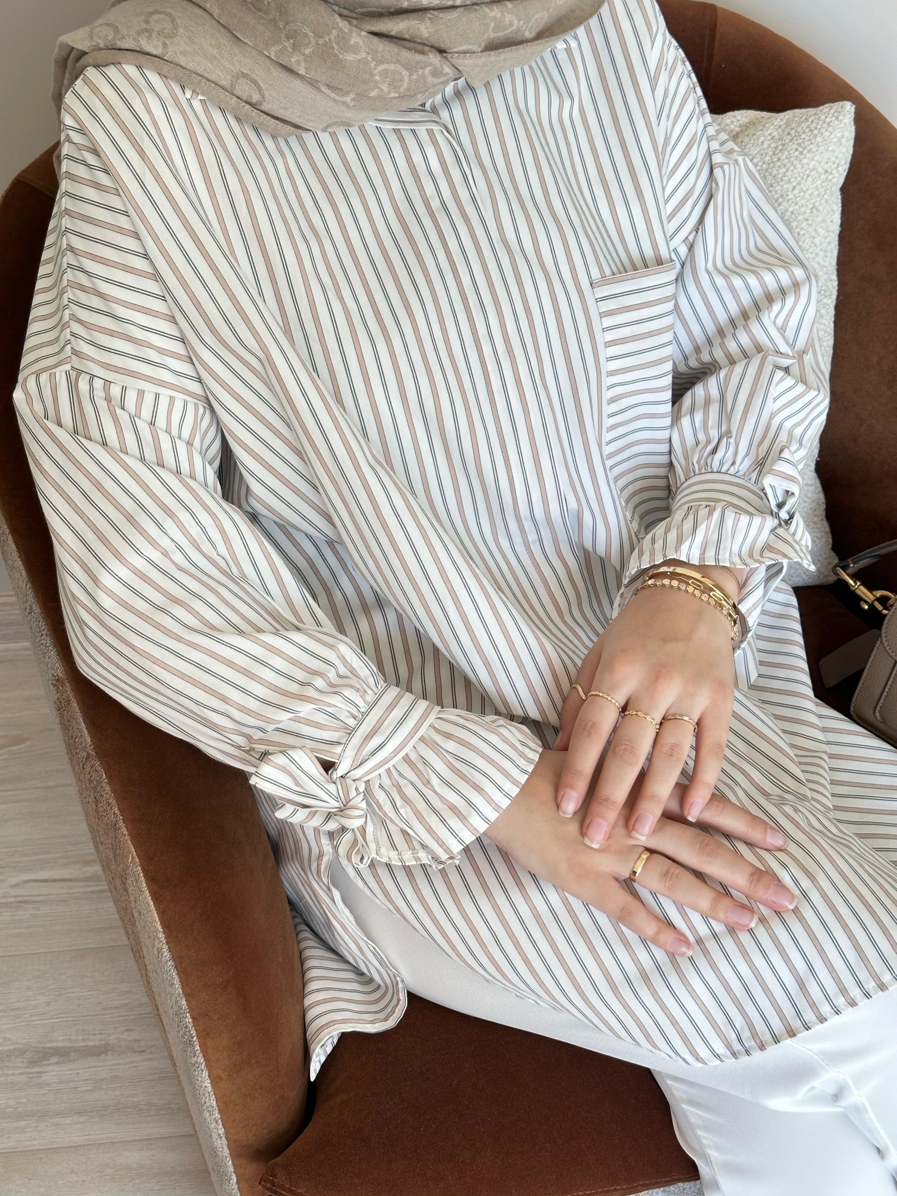 Çizgili Poplin Tunik Bej