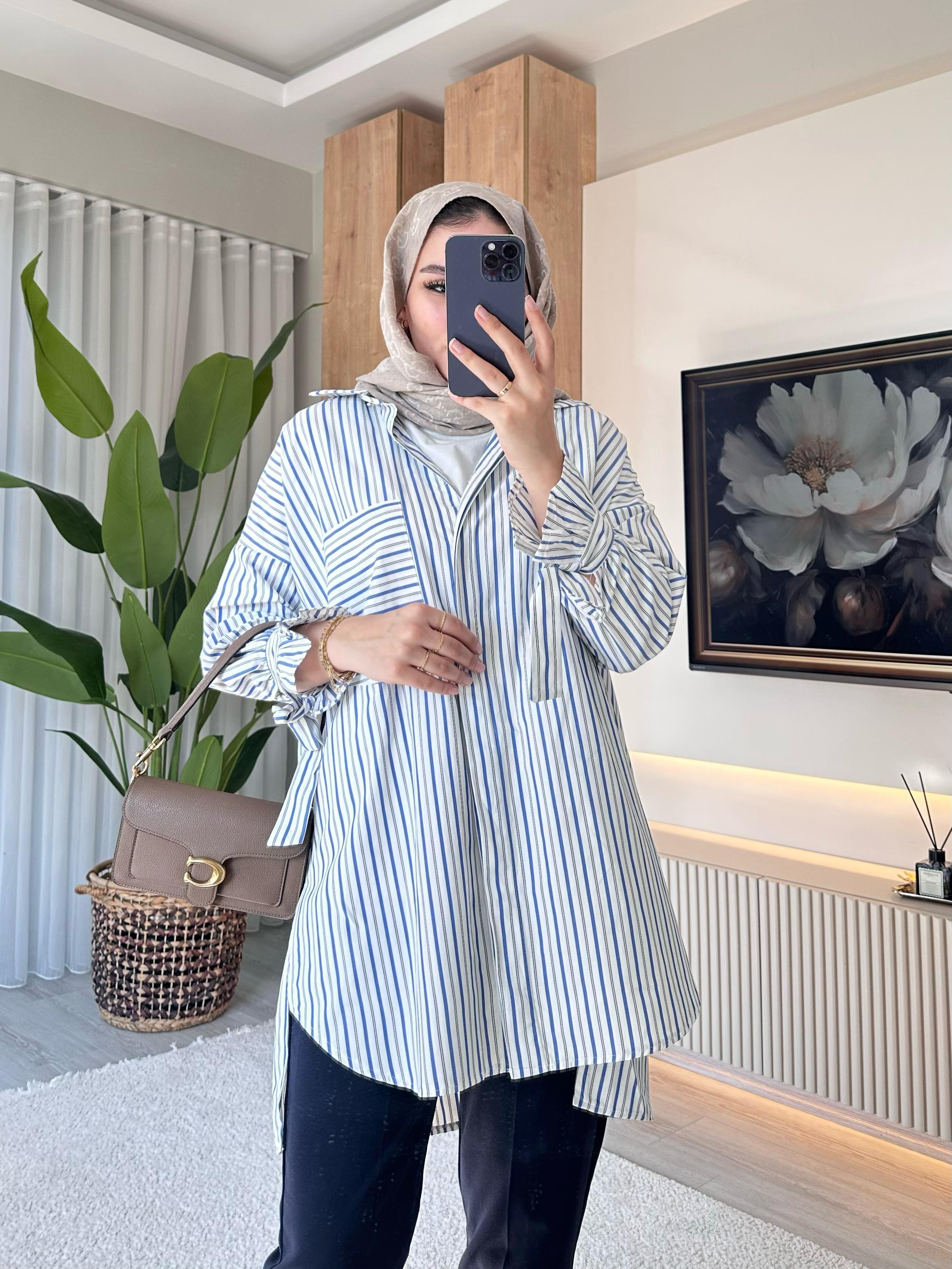 Çizgili Poplin Tunik Mavi