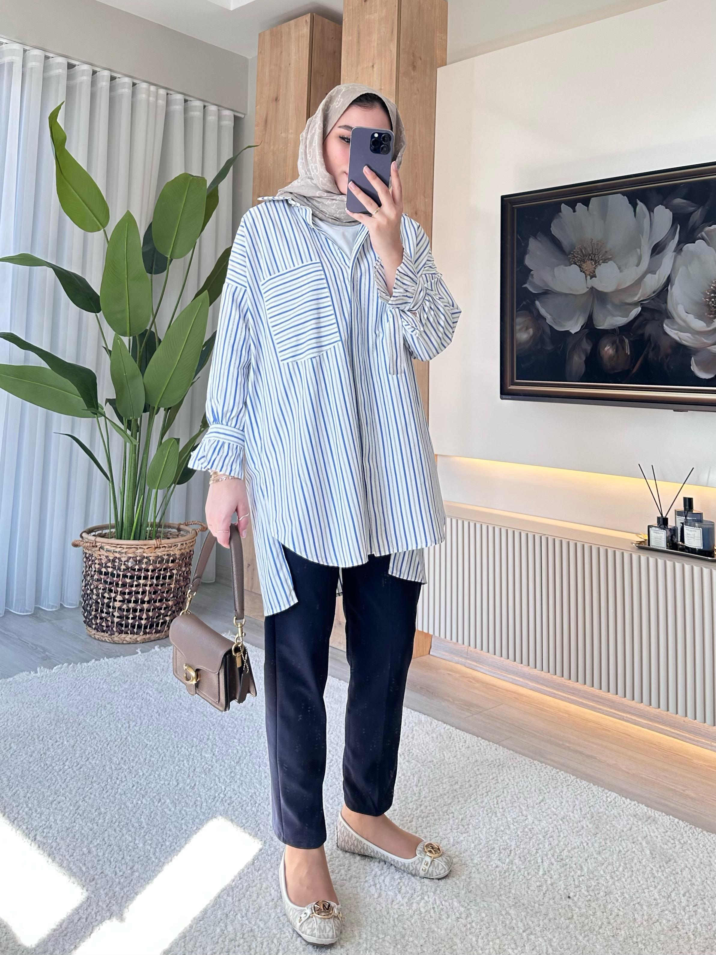 Çizgili Poplin Tunik Mavi
