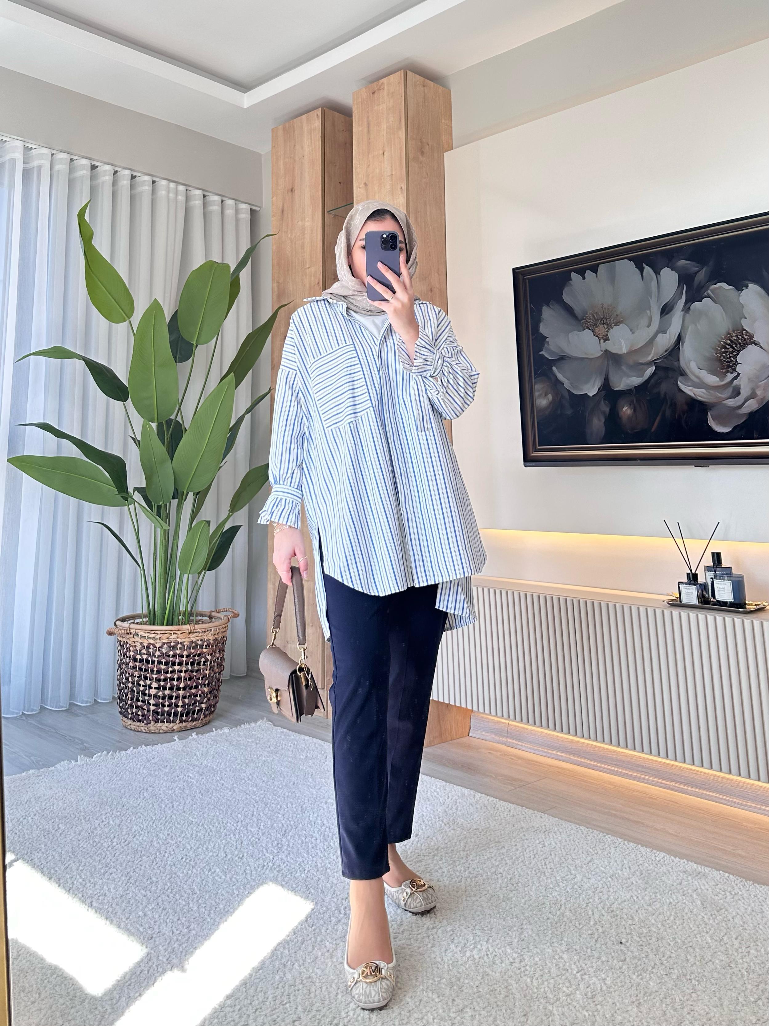 Çizgili Poplin Tunik Mavi