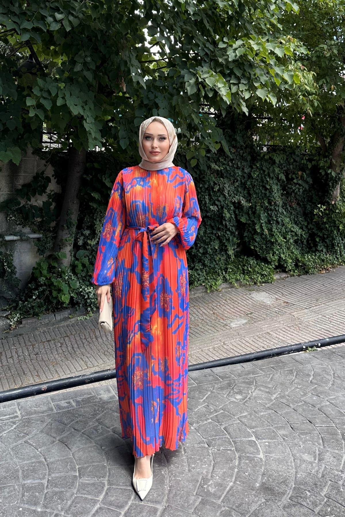 Çok Renkli Piliseli Elbise TURUNCU