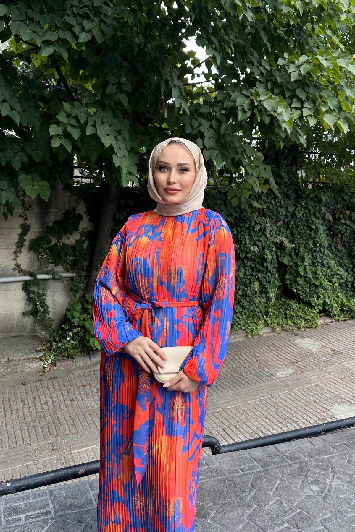 Çok Renkli Piliseli Elbise TURUNCU