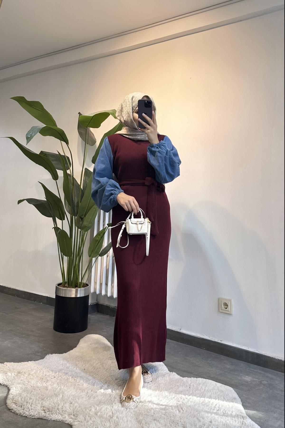 Denim Kol Detay Triko Elbise BORDO