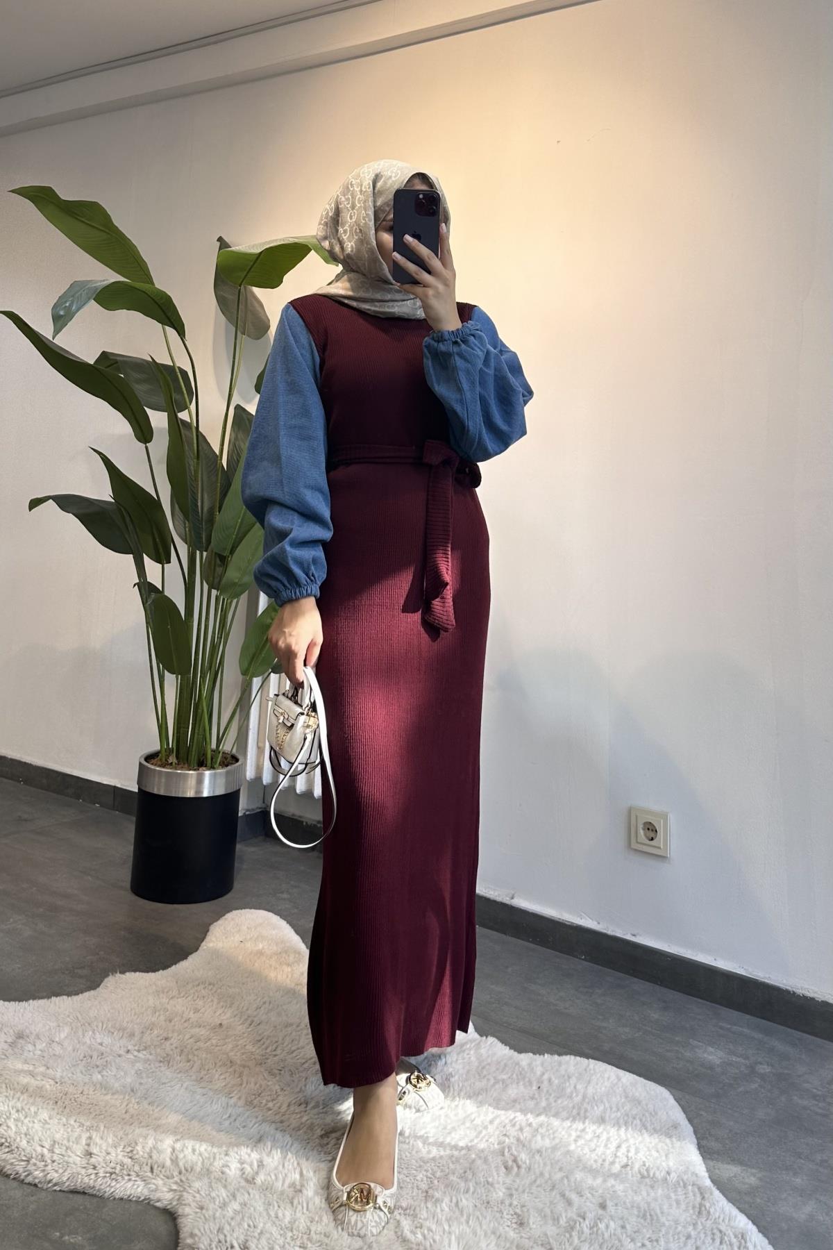 Denim Kol Detay Triko Elbise BORDO