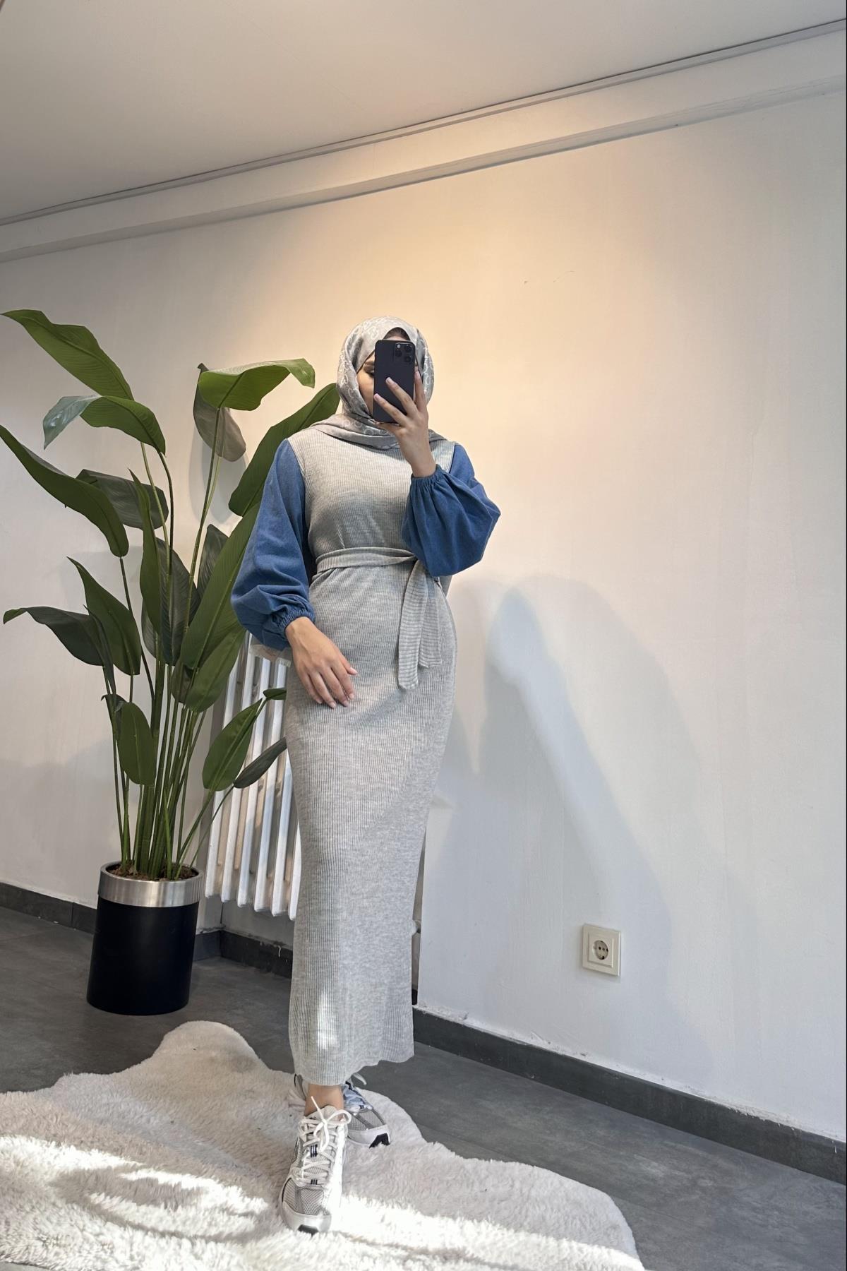 Denim Kol Detay Triko Elbise GRİ