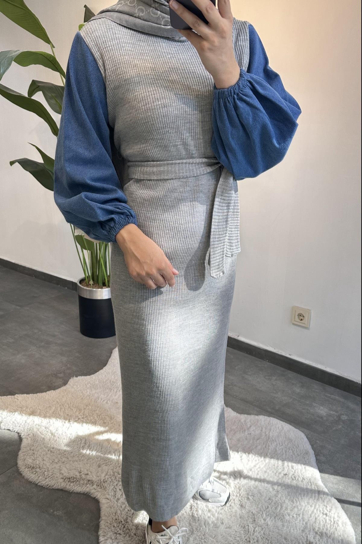 Denim Kol Detay Triko Elbise GRİ