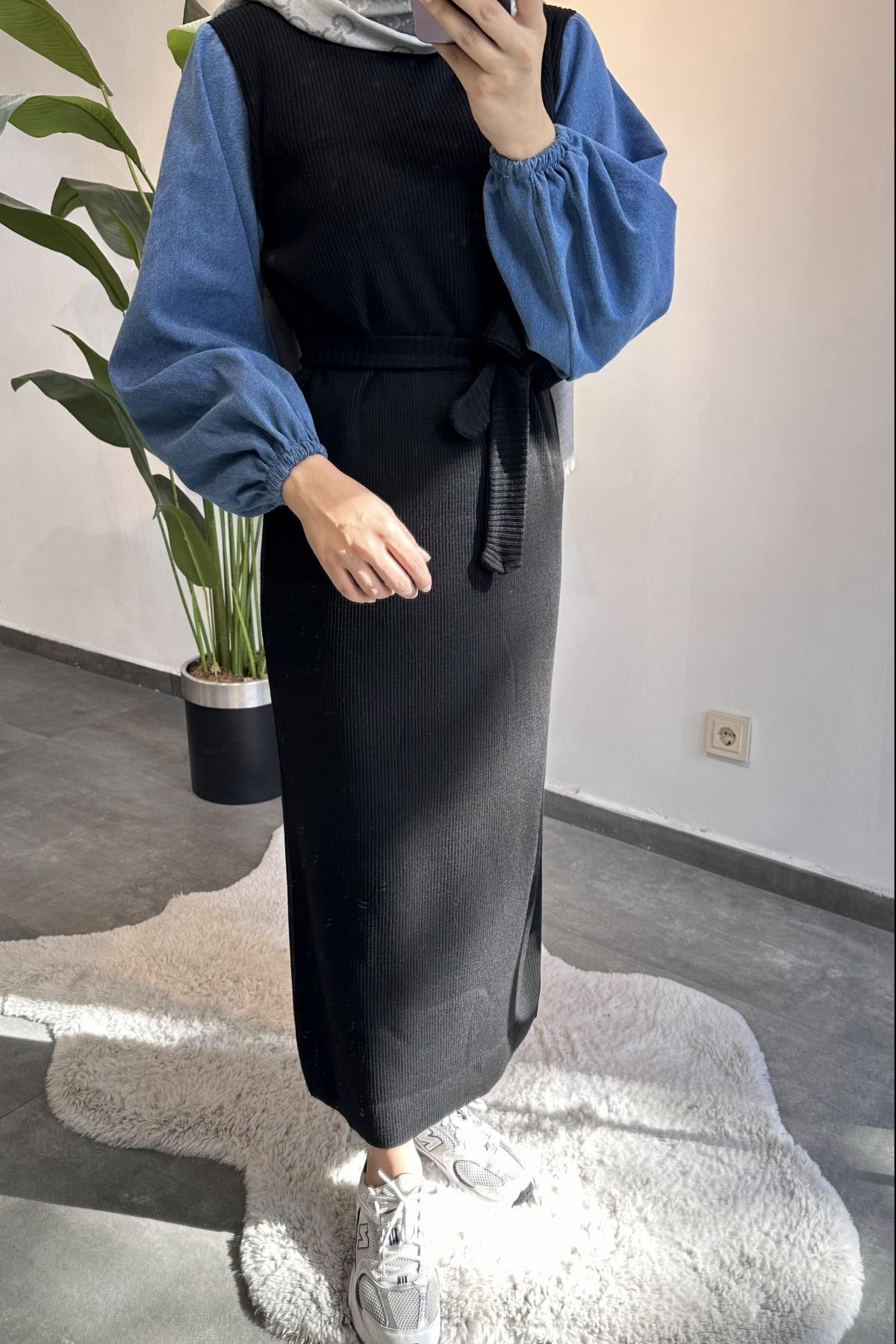 Denim Kol Detay Triko Elbise SİYAH