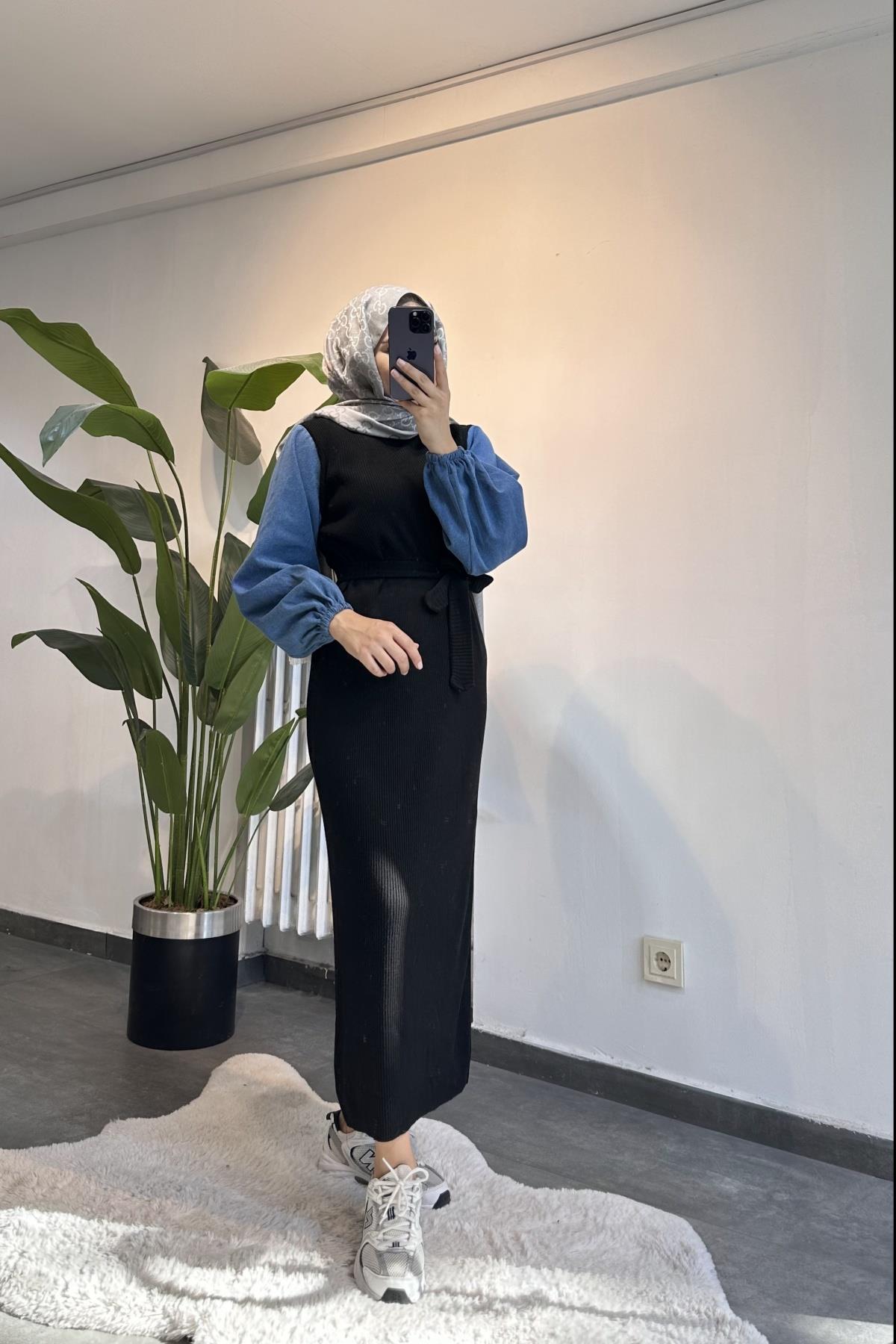 Denim Kol Detay Triko Elbise SİYAH