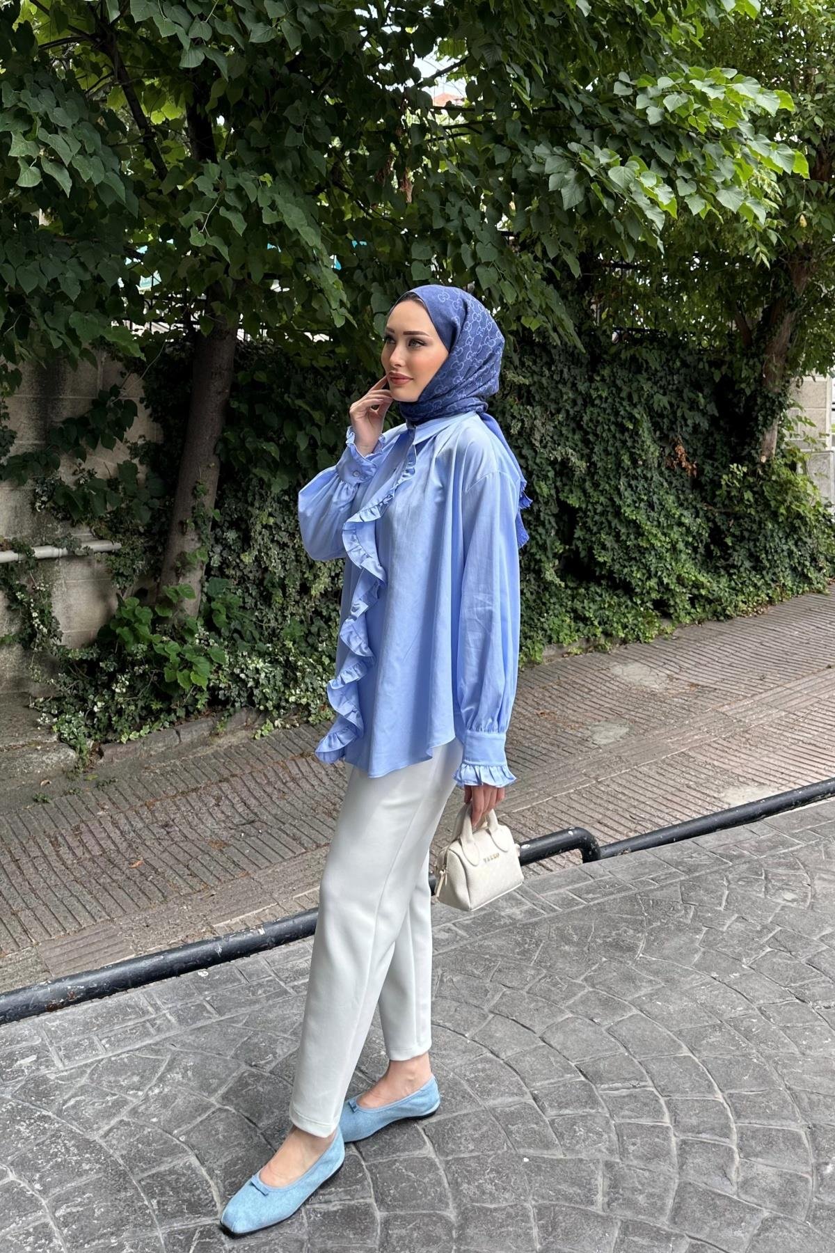Fırfır Detay Poplin Tunik MAVİ