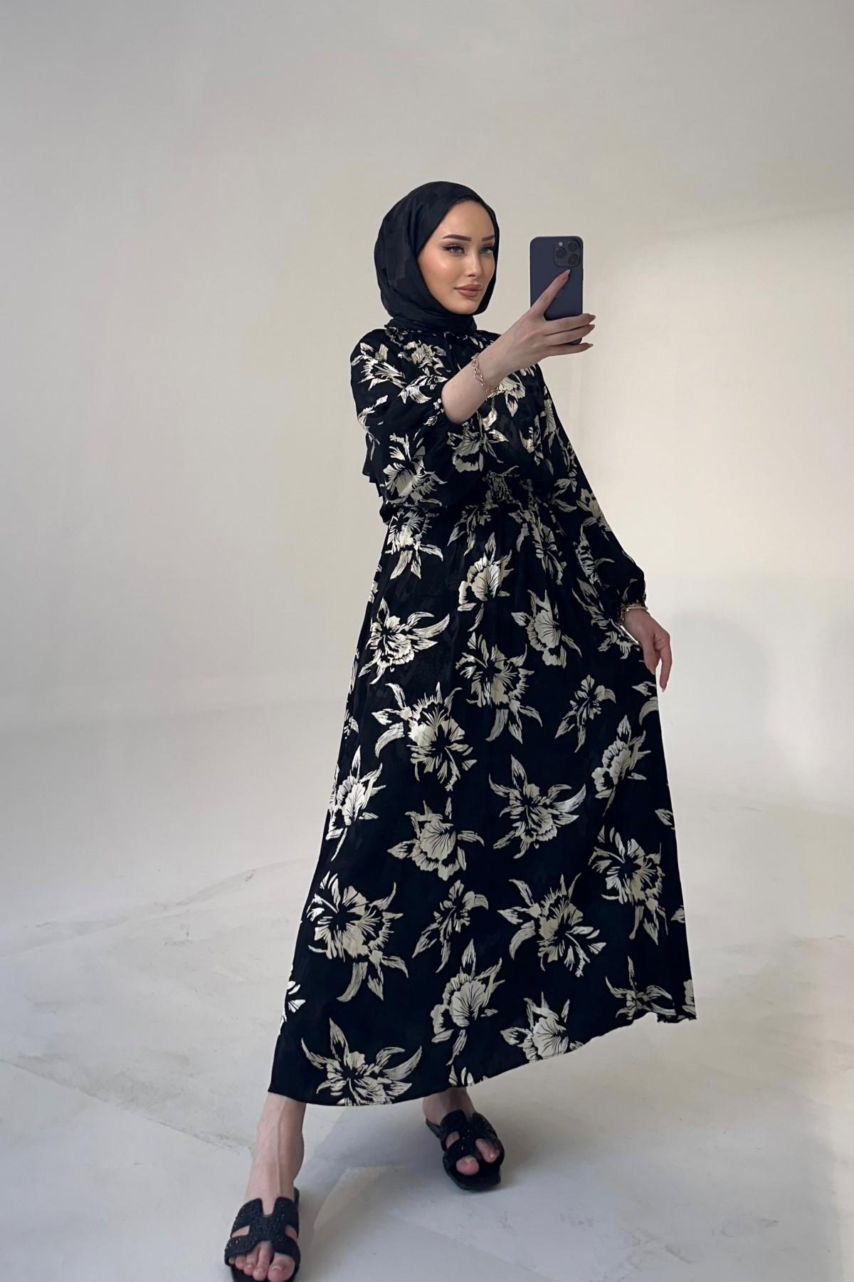 Fressia Bel Detay Viskon Elbise SİYAH