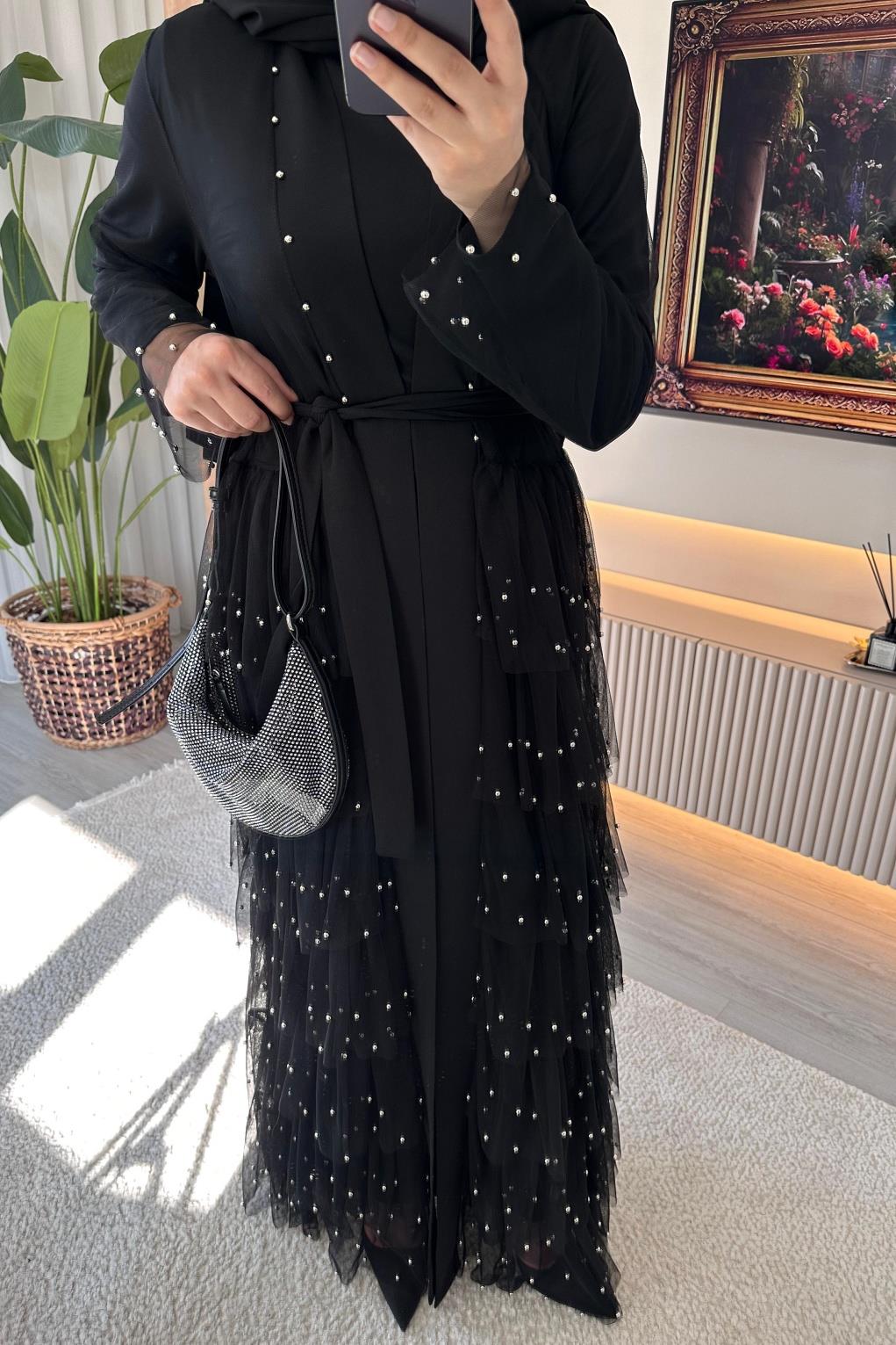 İncili Abaya Hjab SİYAH