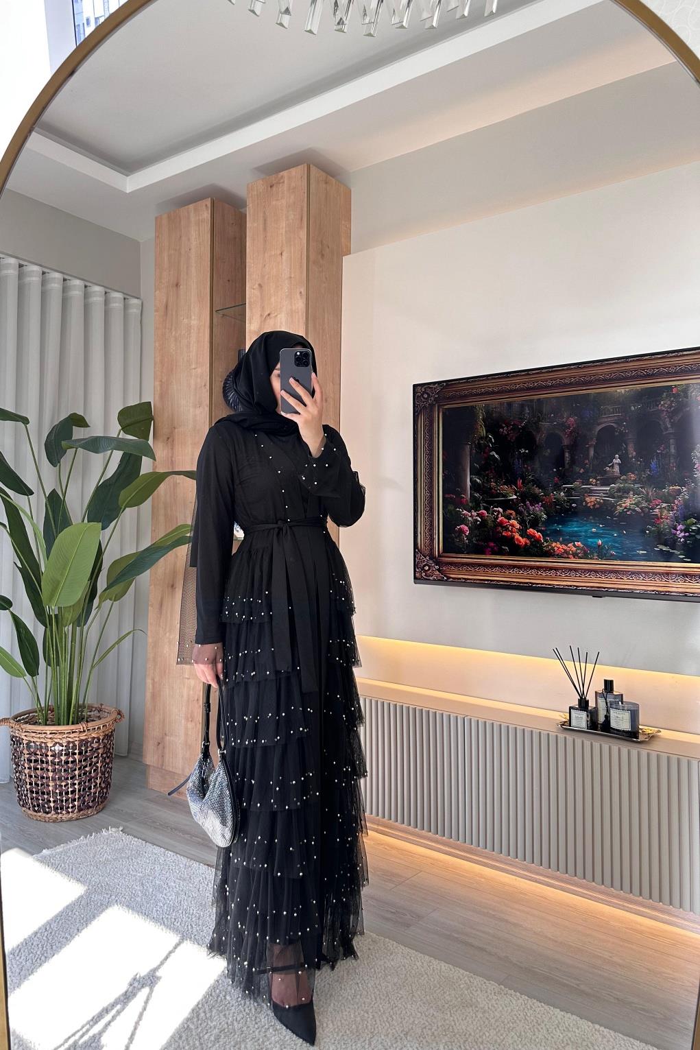 İncili Abaya Hjab SİYAH