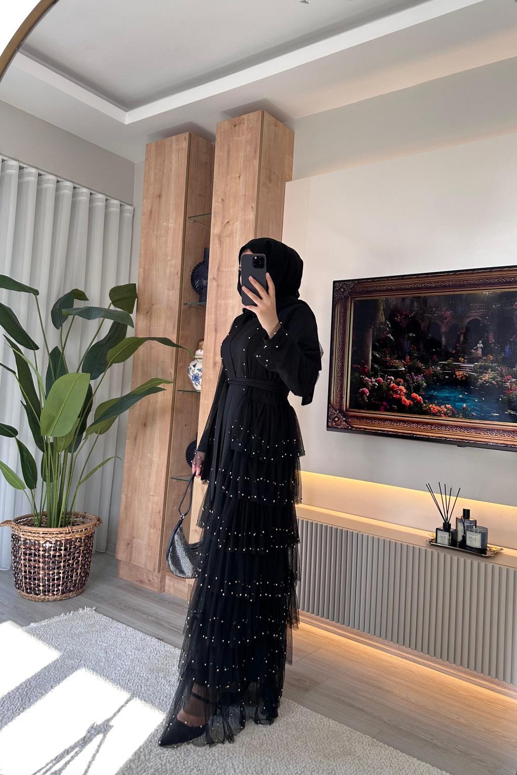 İncili Abaya Hjab SİYAH