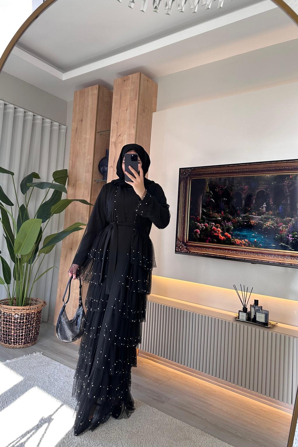 İncili Abaya Hjab SİYAH