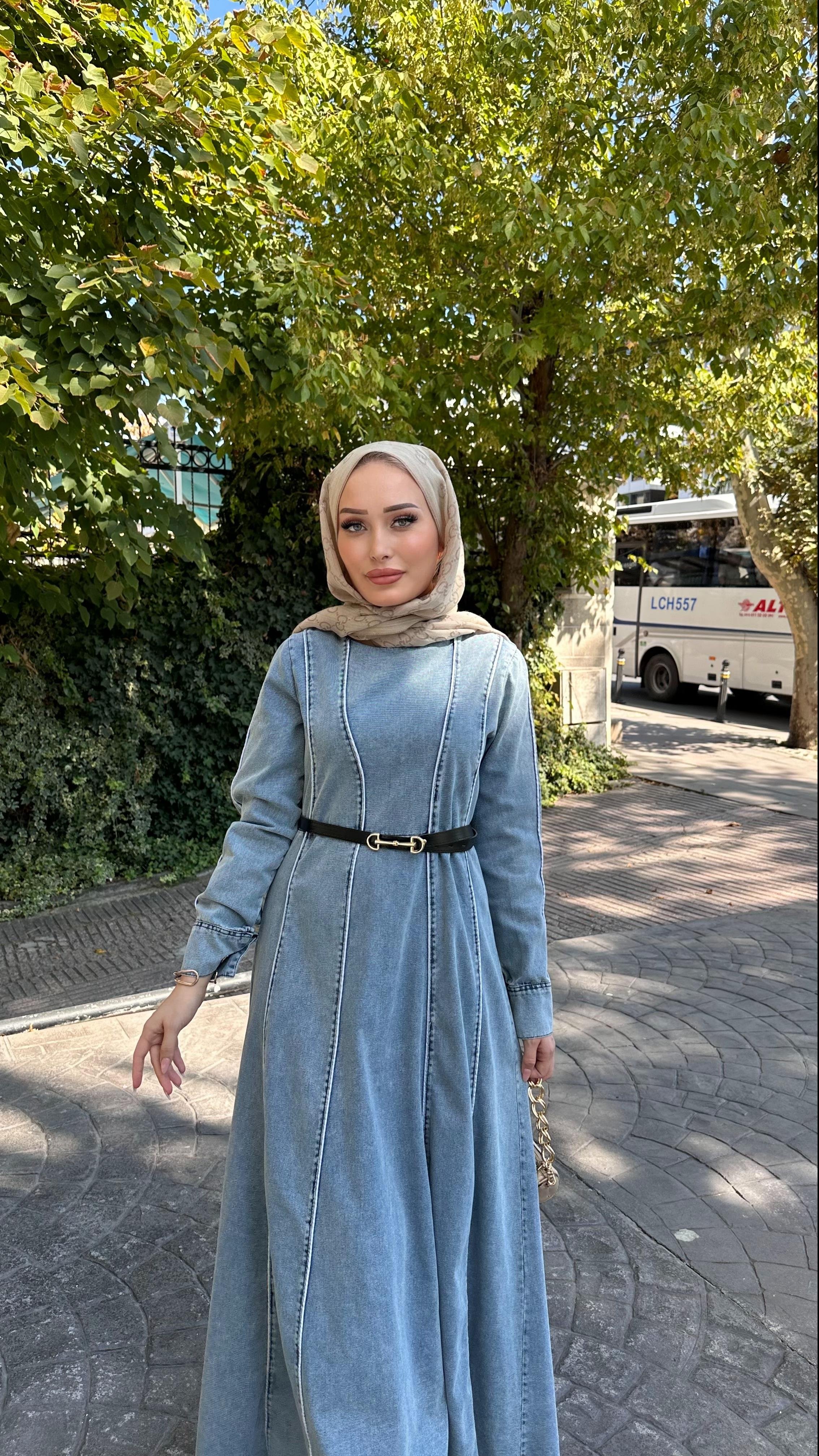 Kemer Detay Denim Elbise MAVİ