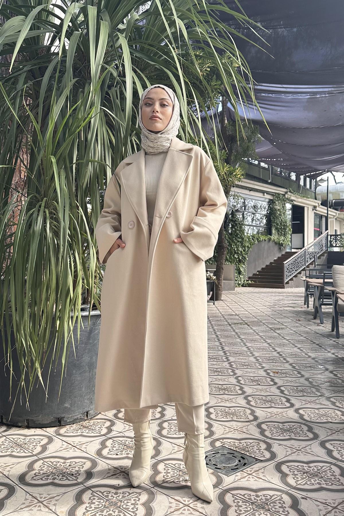 Kruvaze Yaka Oversize Kaşe Kaban KREM