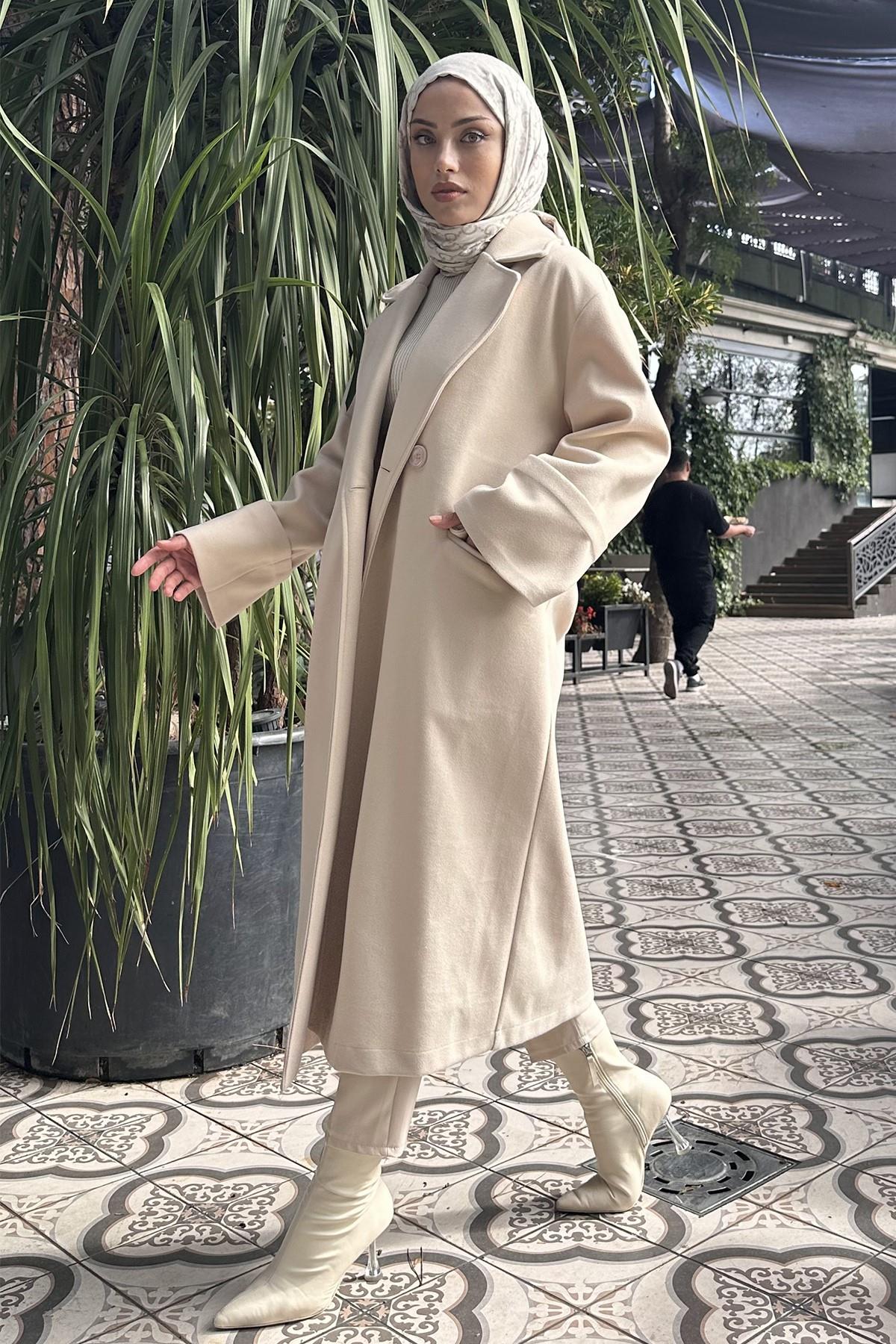 Kruvaze Yaka Oversize Kaşe Kaban KREM