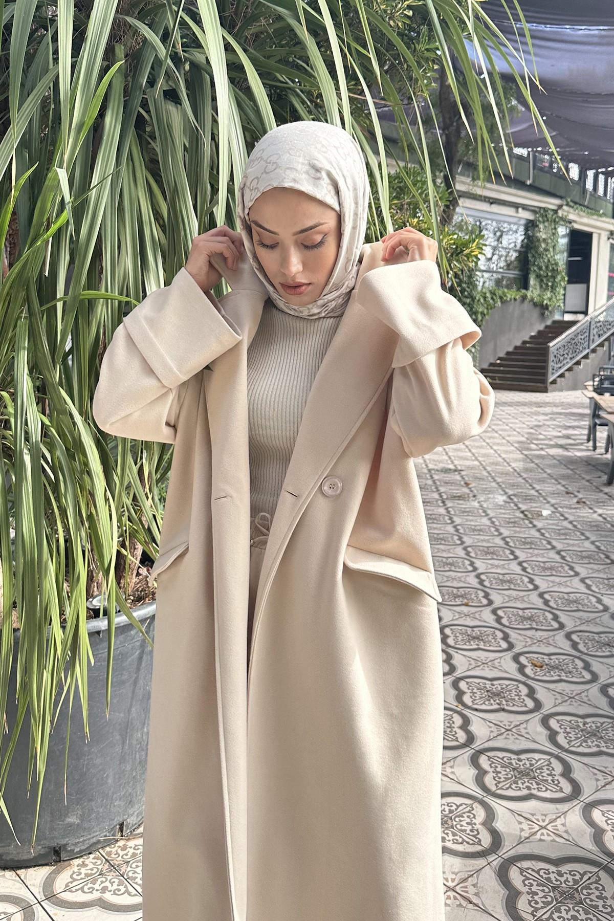 Kruvaze Yaka Oversize Kaşe Kaban KREM