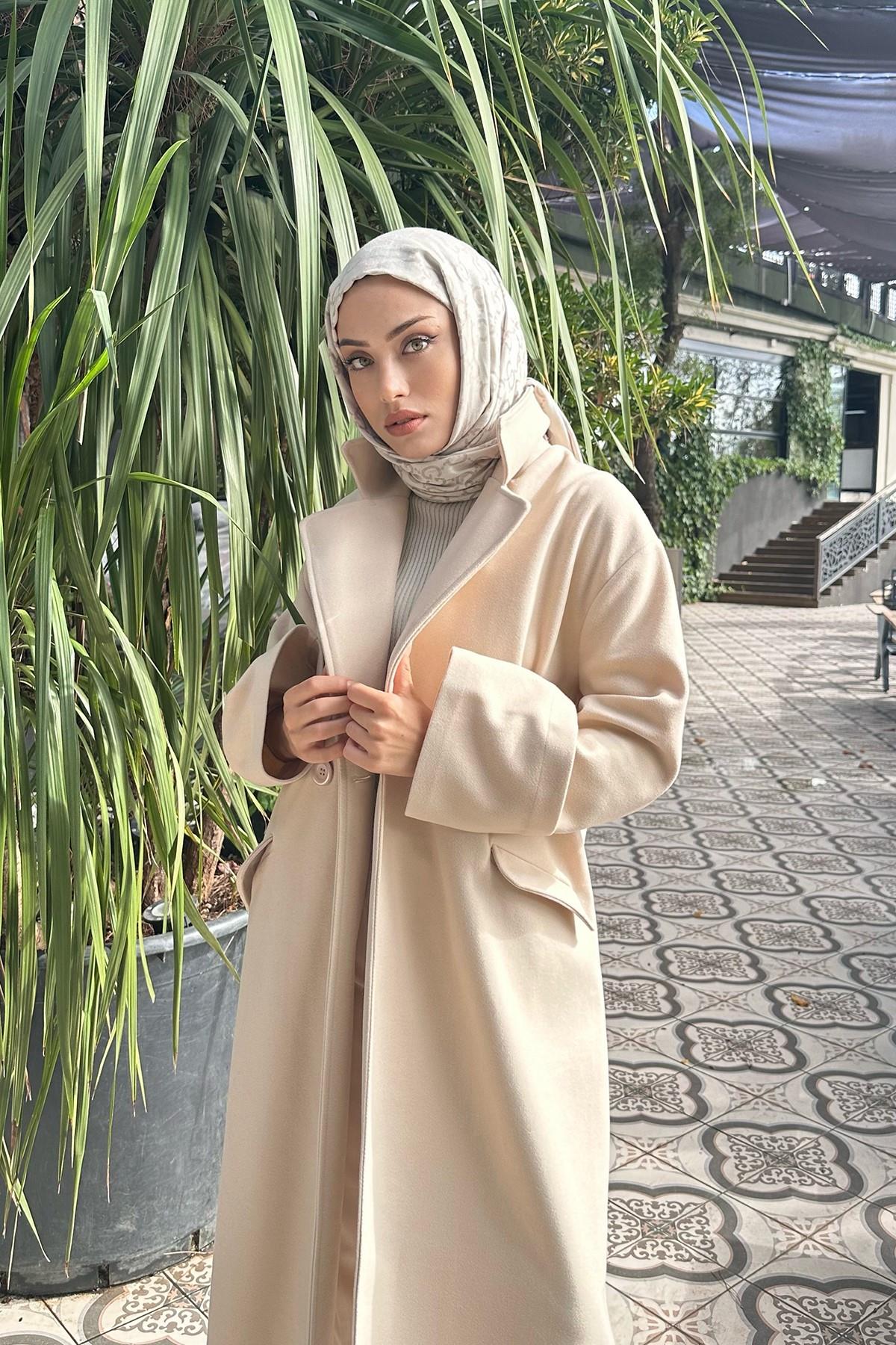 Kruvaze Yaka Oversize Kaşe Kaban KREM