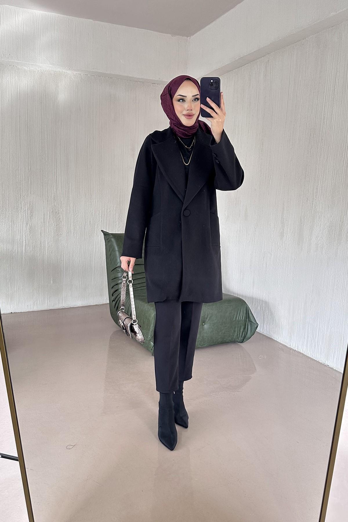 Laysa Düz Kesim Kaşe Kaban SİYAH