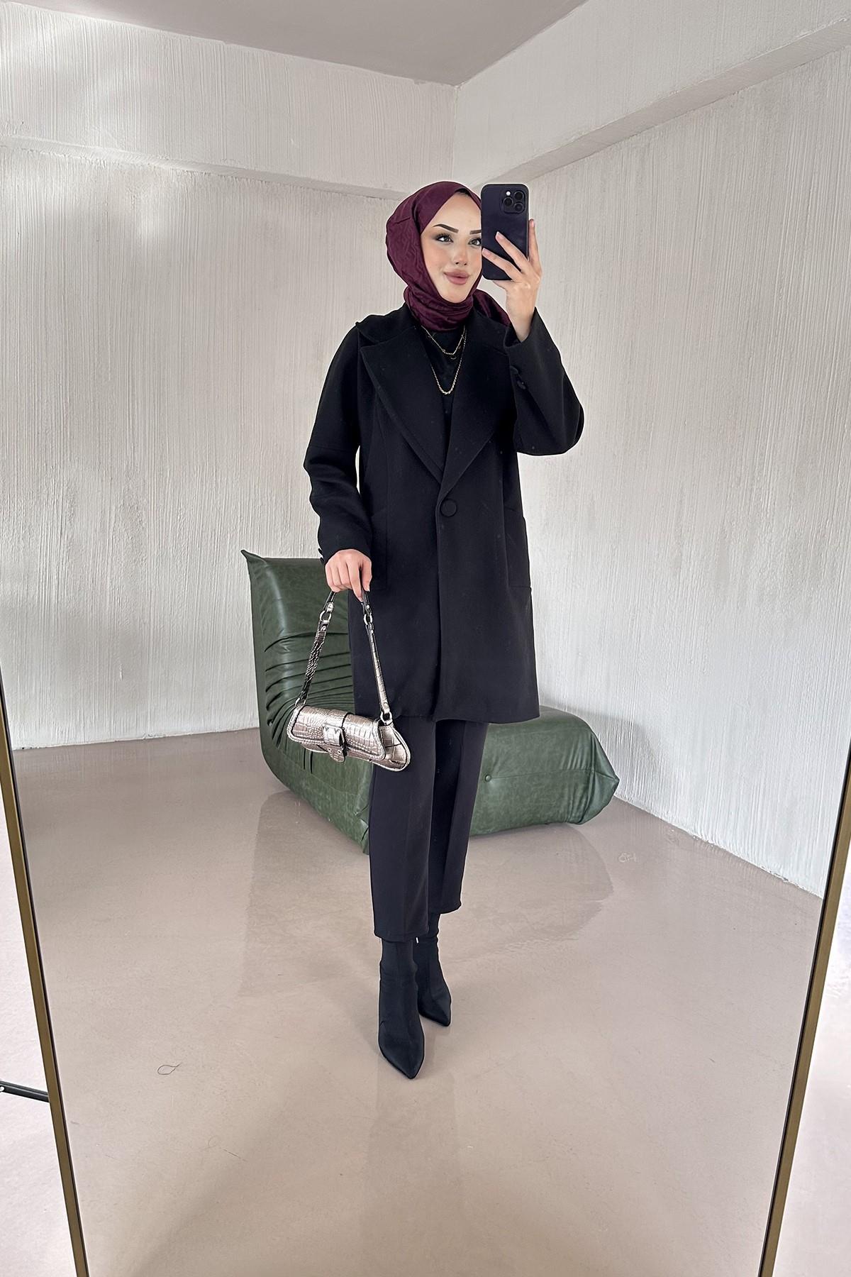 Laysa Düz Kesim Kaşe Kaban SİYAH