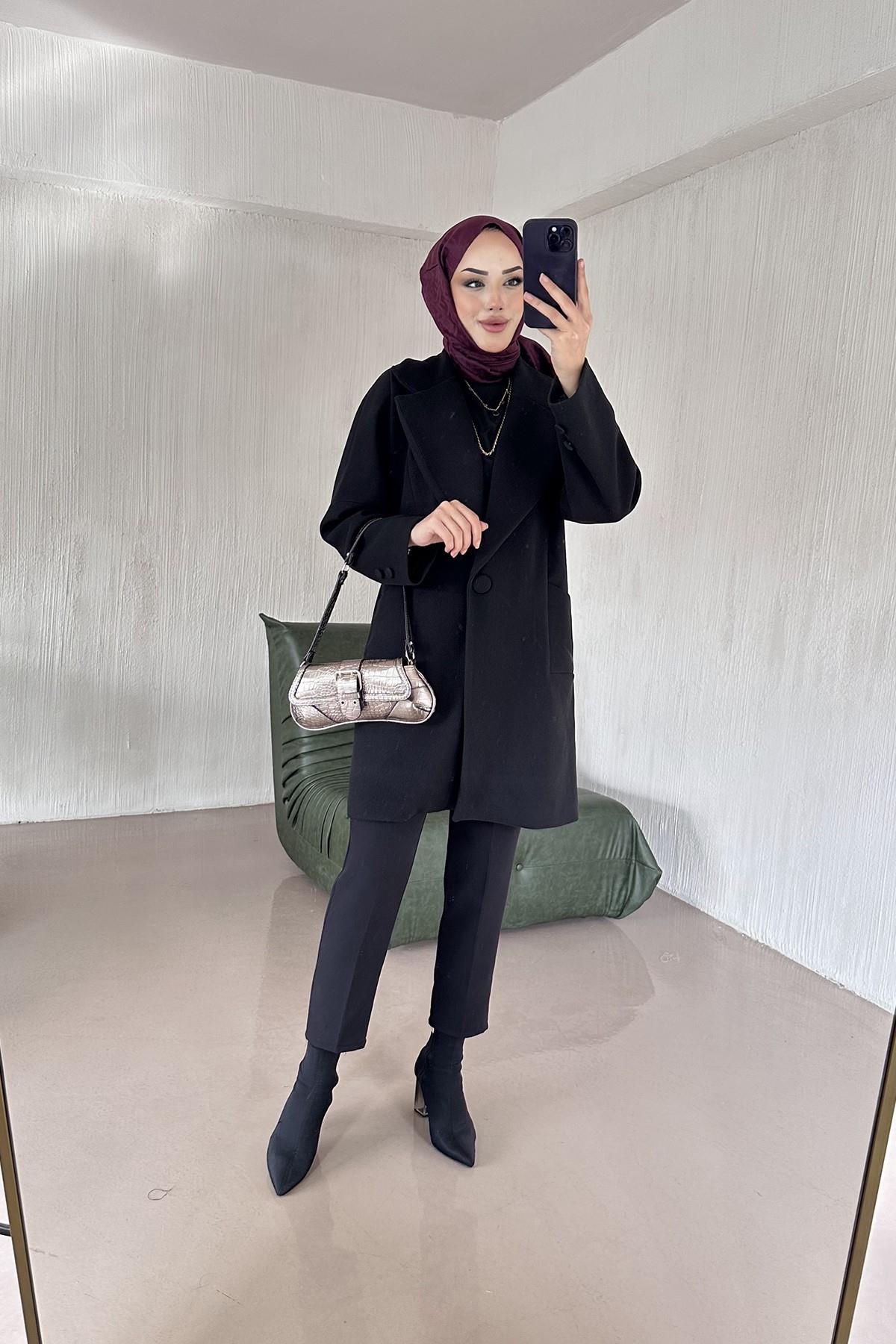 Laysa Düz Kesim Kaşe Kaban SİYAH