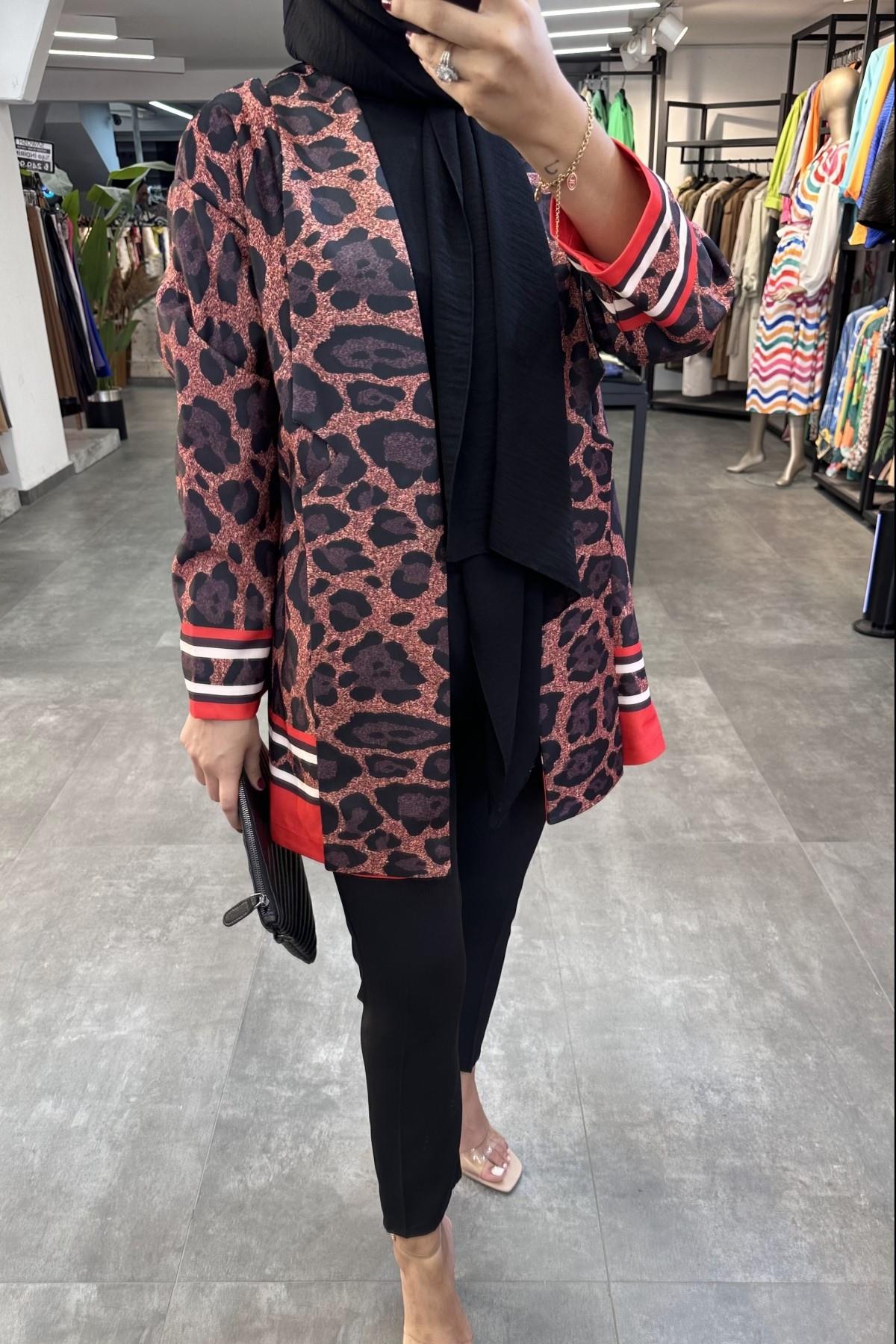 Leopar Desen Ceket KIRMIZI