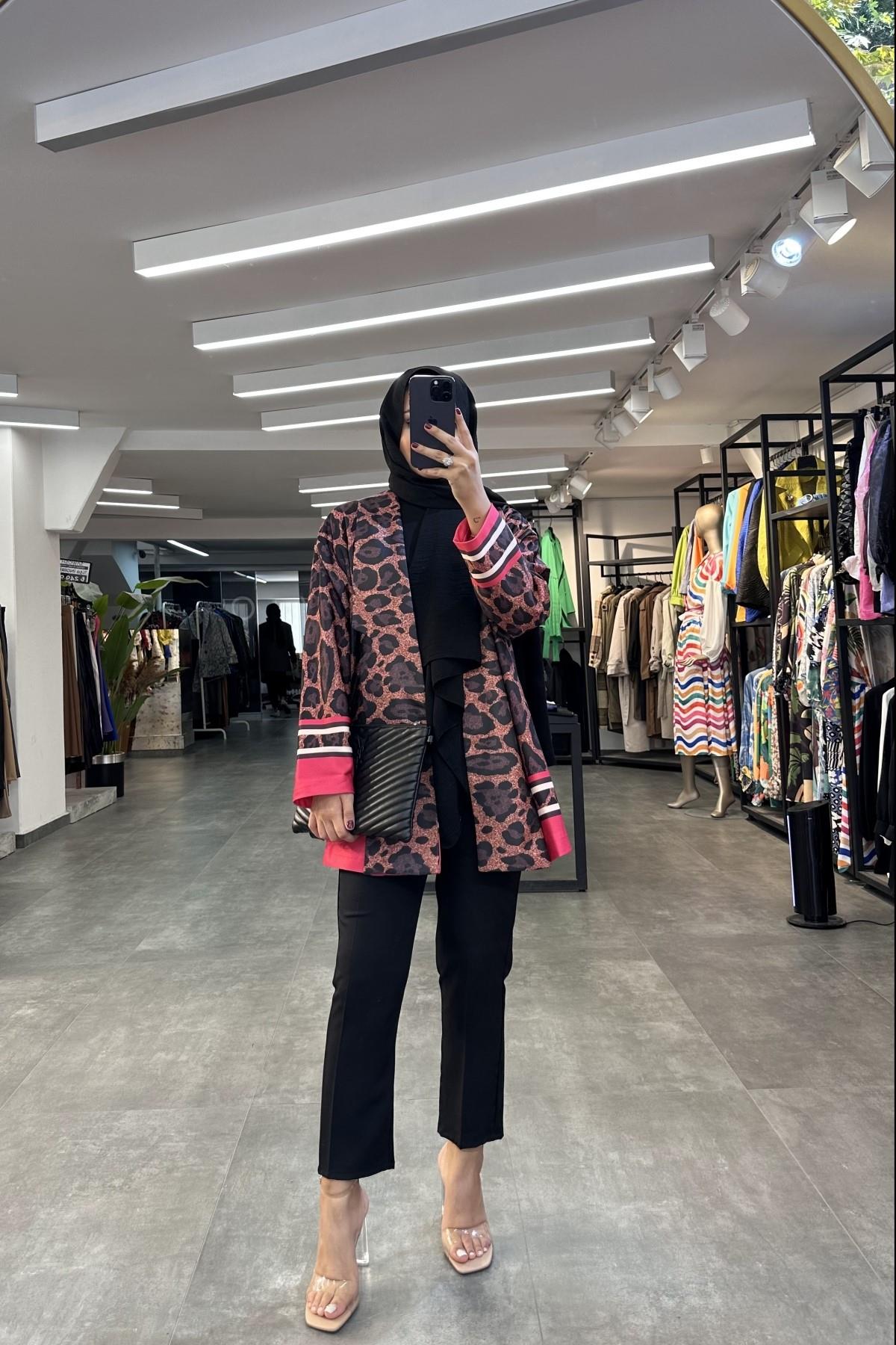 Leopar Desen Ceket PEMBE