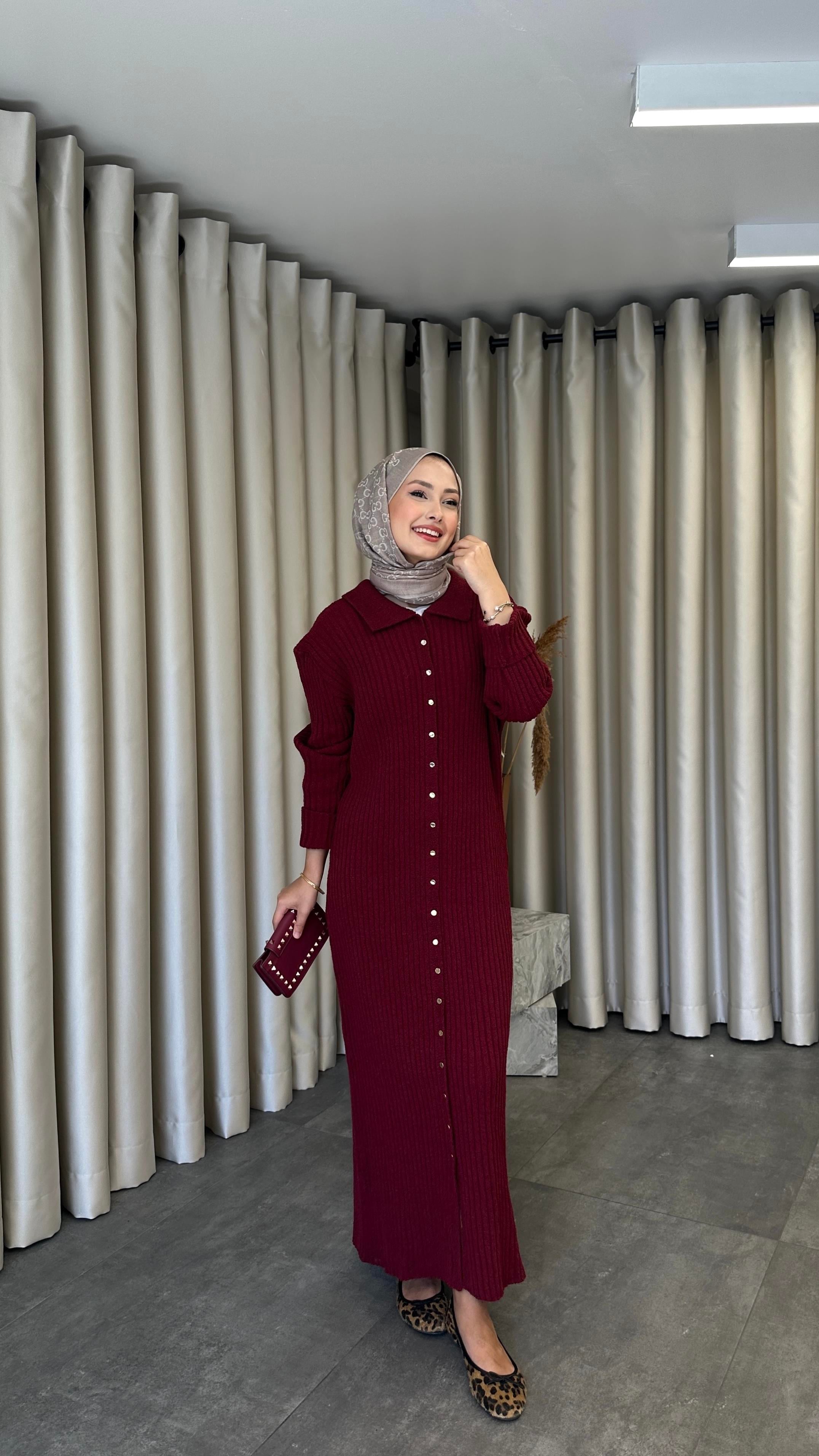 Leysa Düğmeli İpli Elbise Bordo