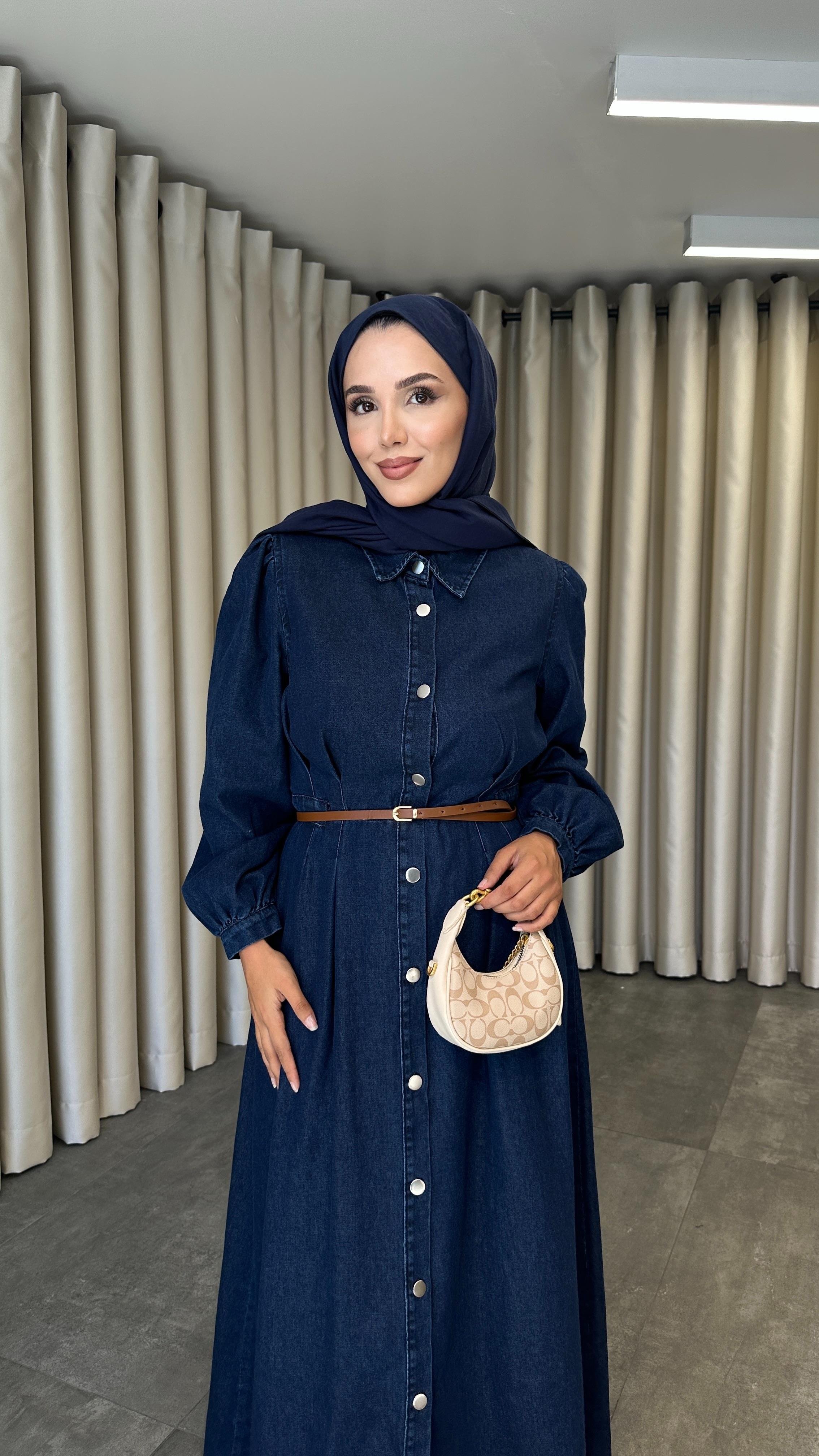 Mesa Düğmeli Denim Elbise Koyu Mavi