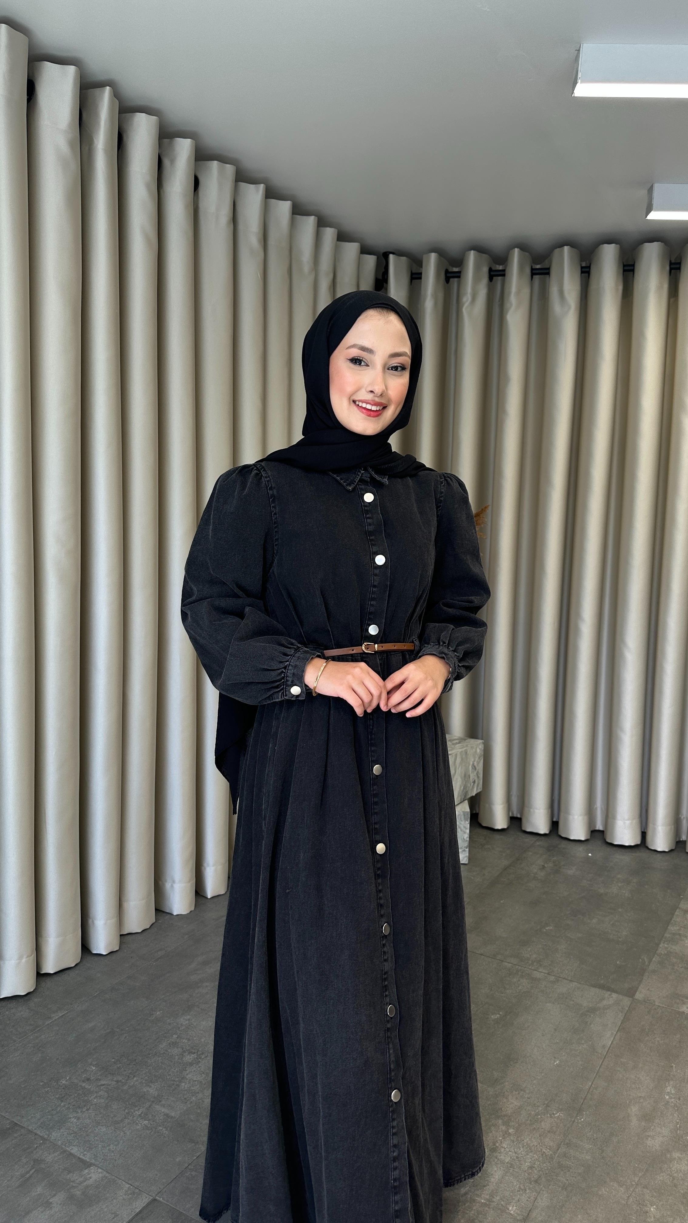 Mesa Düğmeli Denim Elbise Siyah