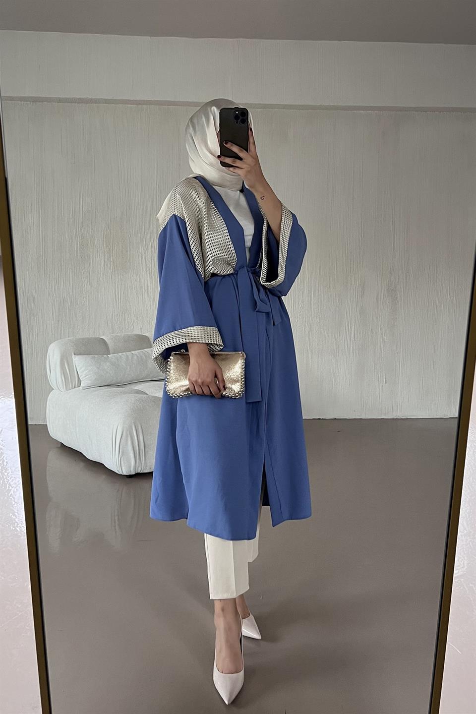 Mosskrep File Detay Yarasa Kol Abaya Kimono - Mavi