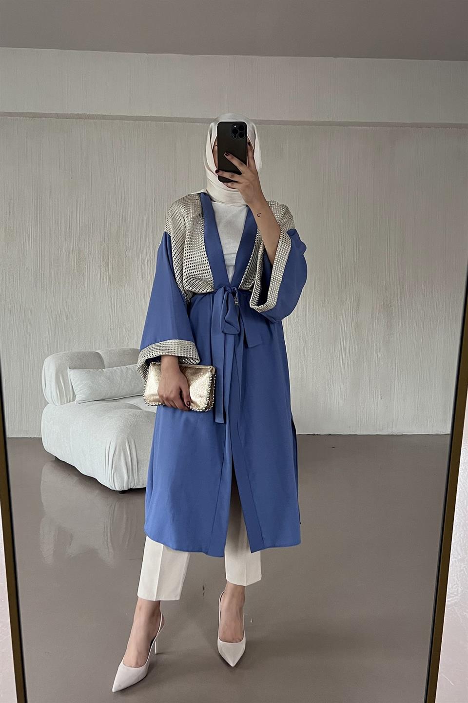 Mosskrep File Detay Yarasa Kol Abaya Kimono - Mavi