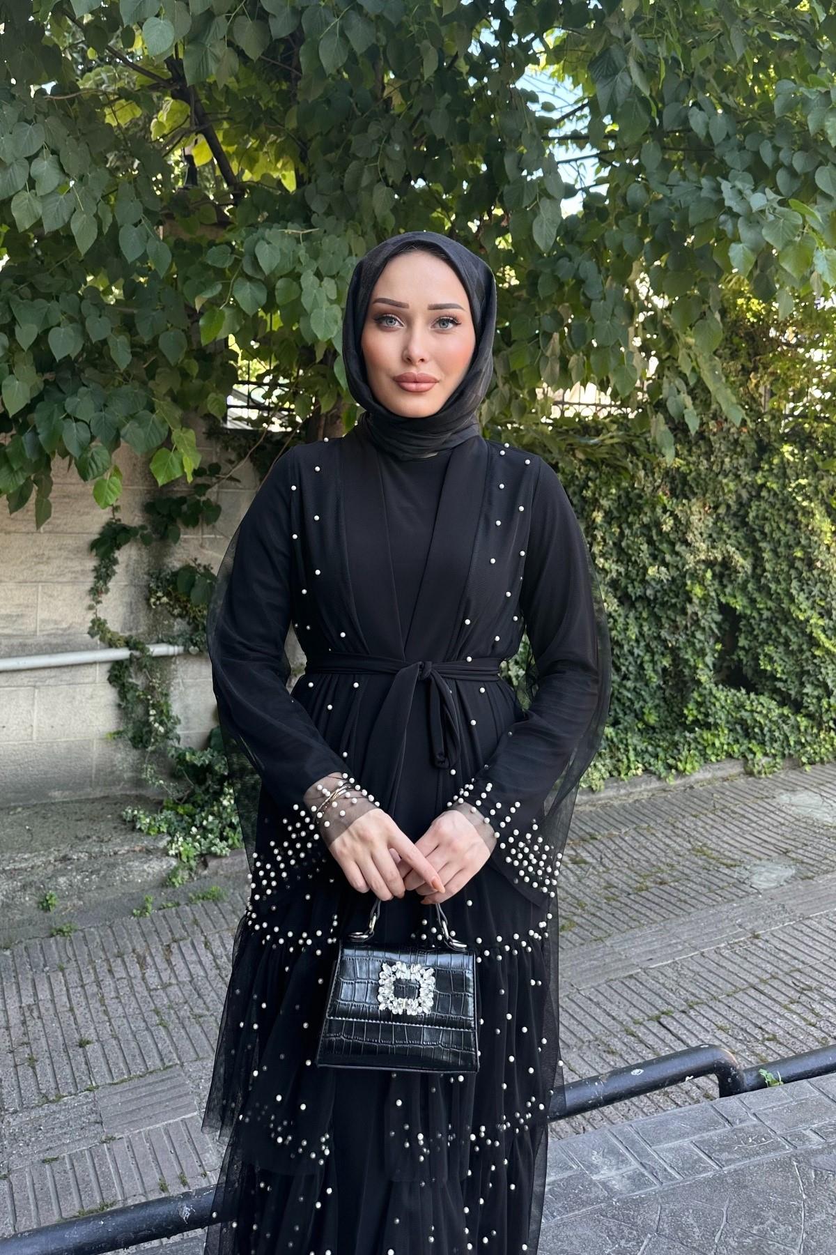 Nahel Fırfır Detay İnci Abaya SİYAH