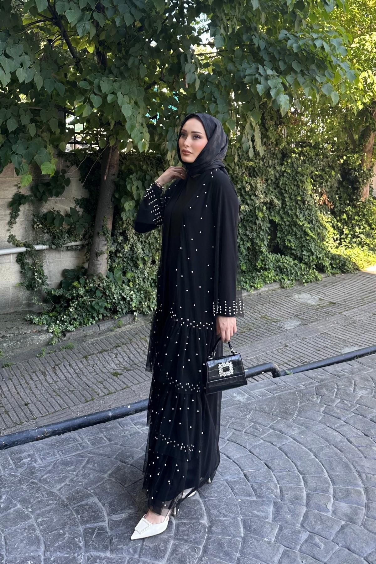 Nahel Fırfır Detay İnci Abaya SİYAH