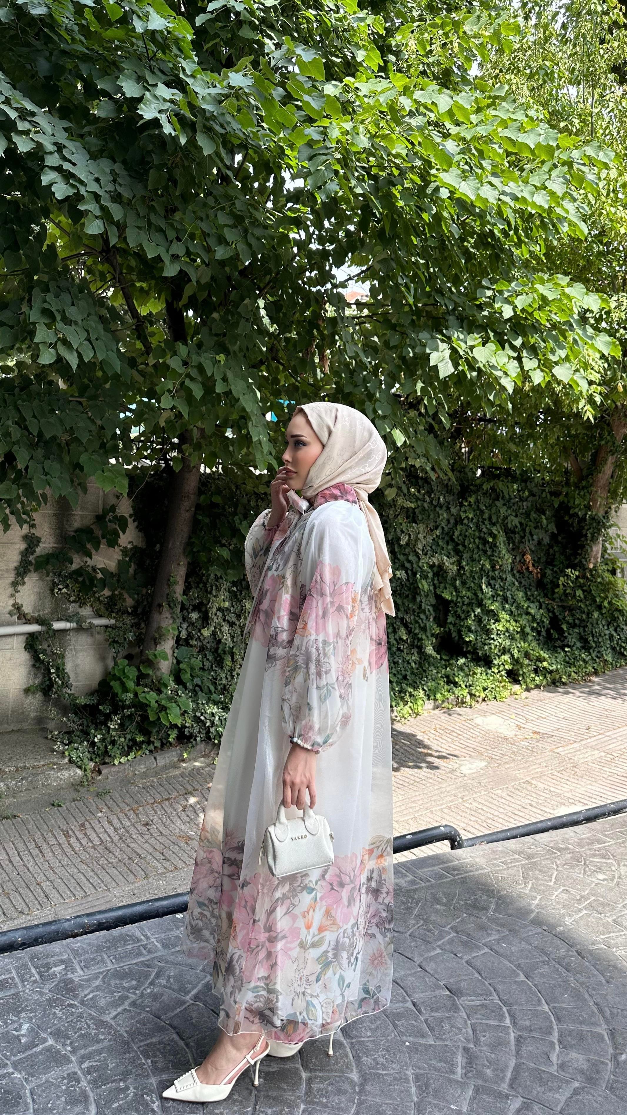 Organze Çiçek Detay Elbise PEMBE