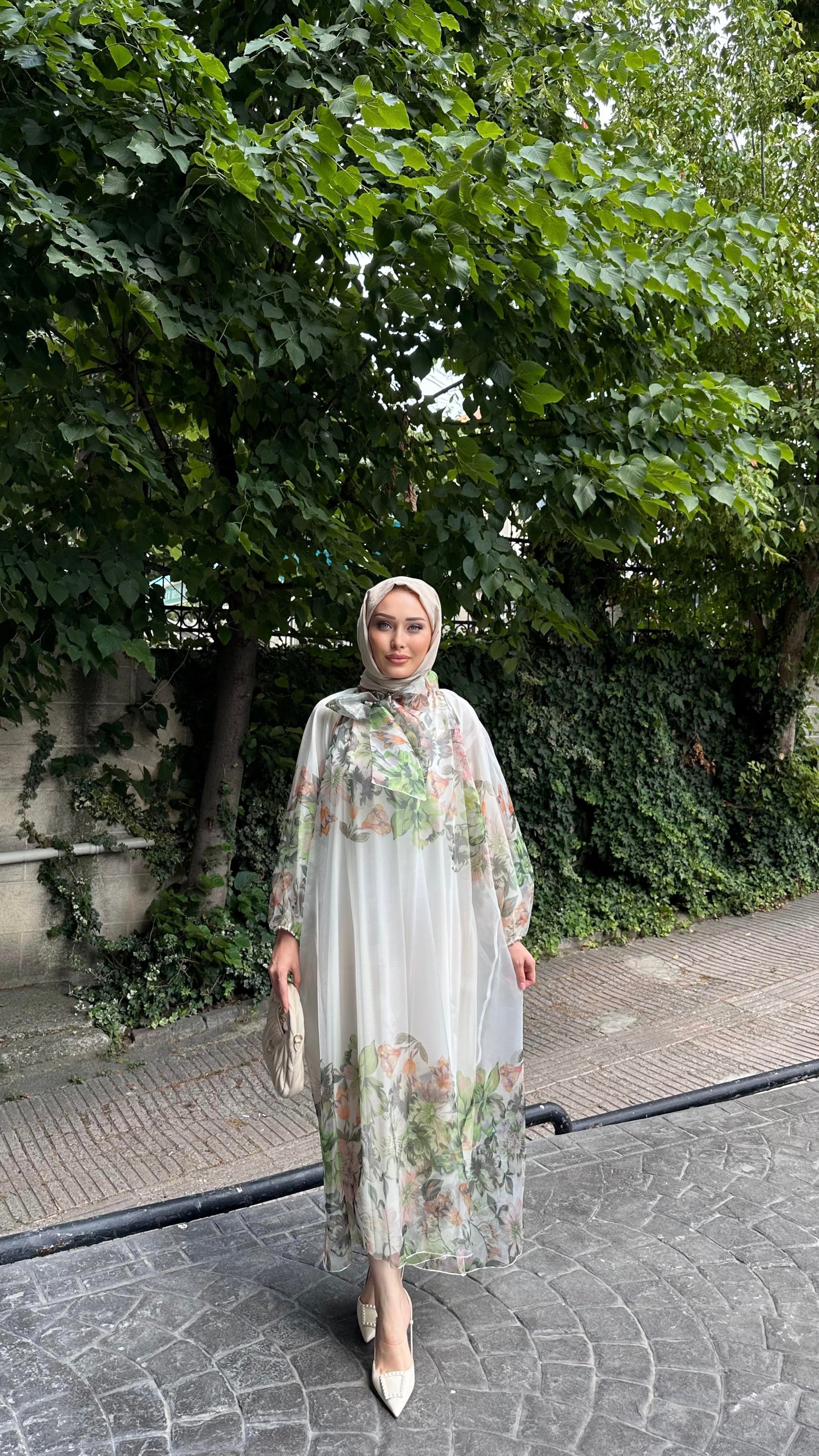 Organze Çiçek Detay Elbise YEŞİL