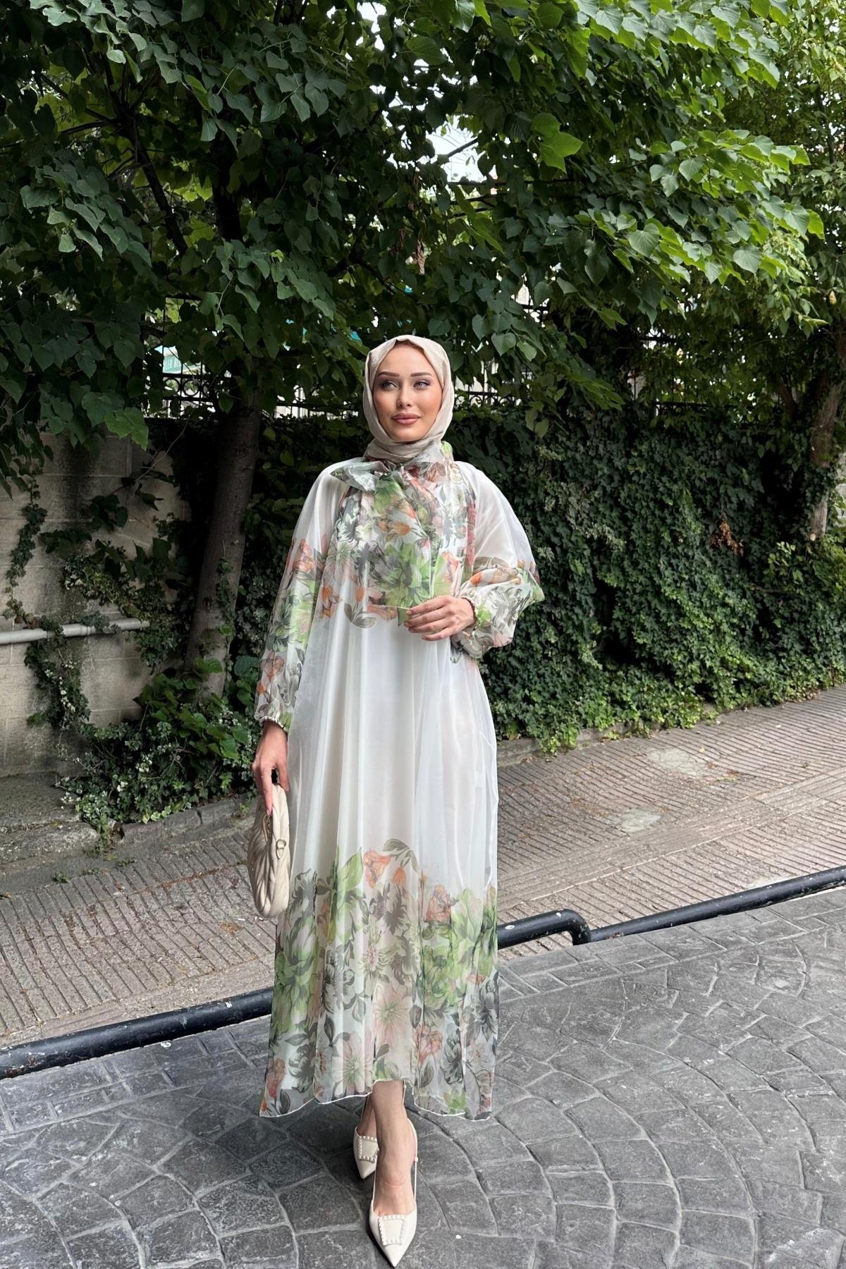 Organze Çiçek Detay Elbise YEŞİL