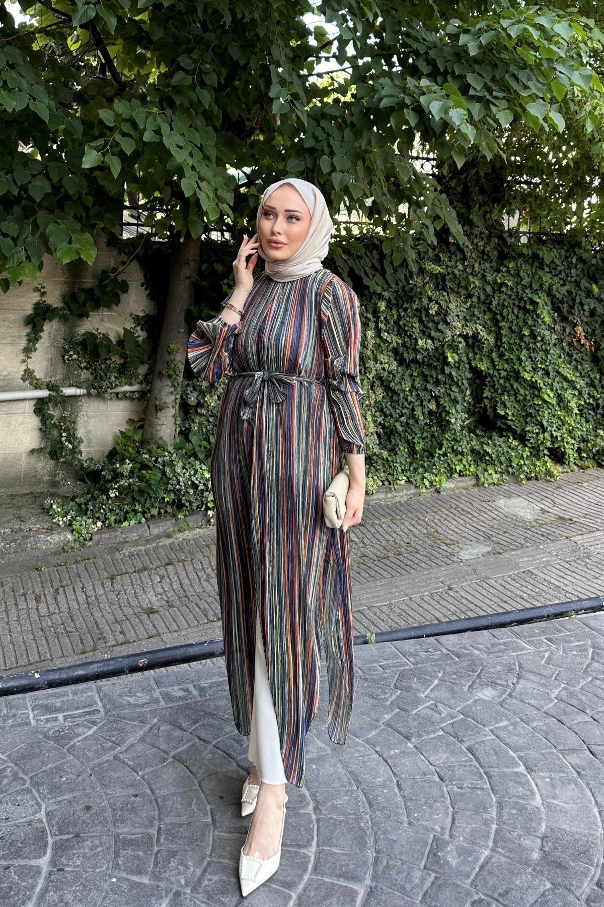 Piliseli Çok Renkli Tasarım Tunik YEŞİL