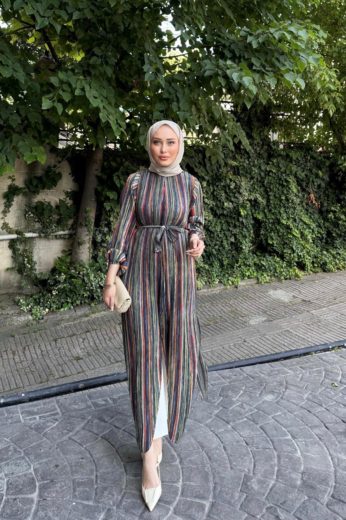 Piliseli Çok Renkli Tasarım Tunik YEŞİL
