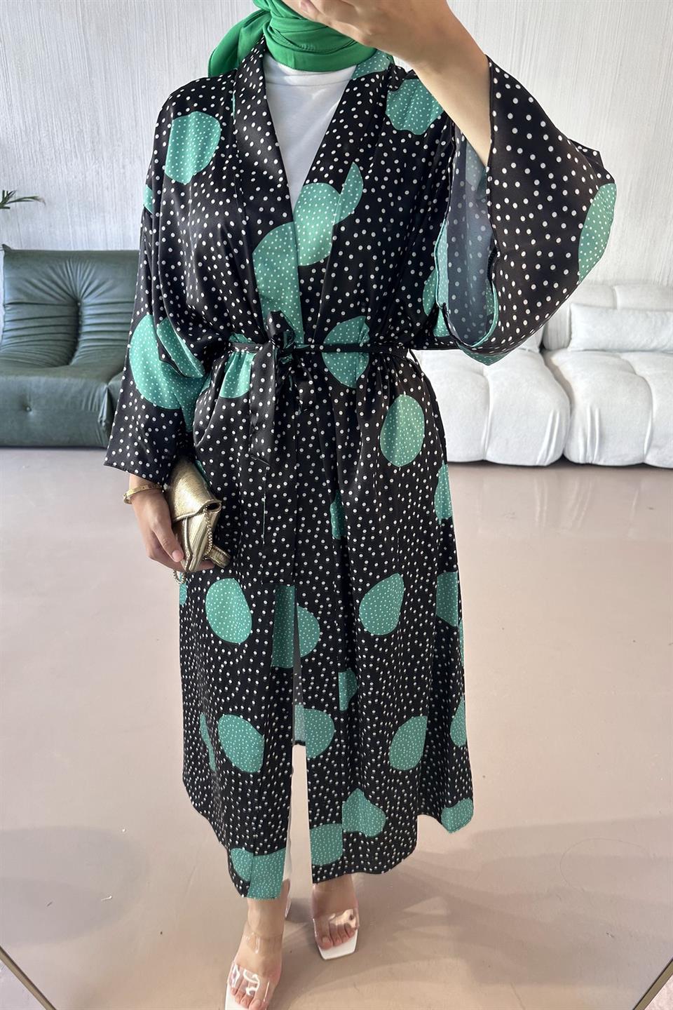 Puantiye Detaylı İnci Kimono SİYAH