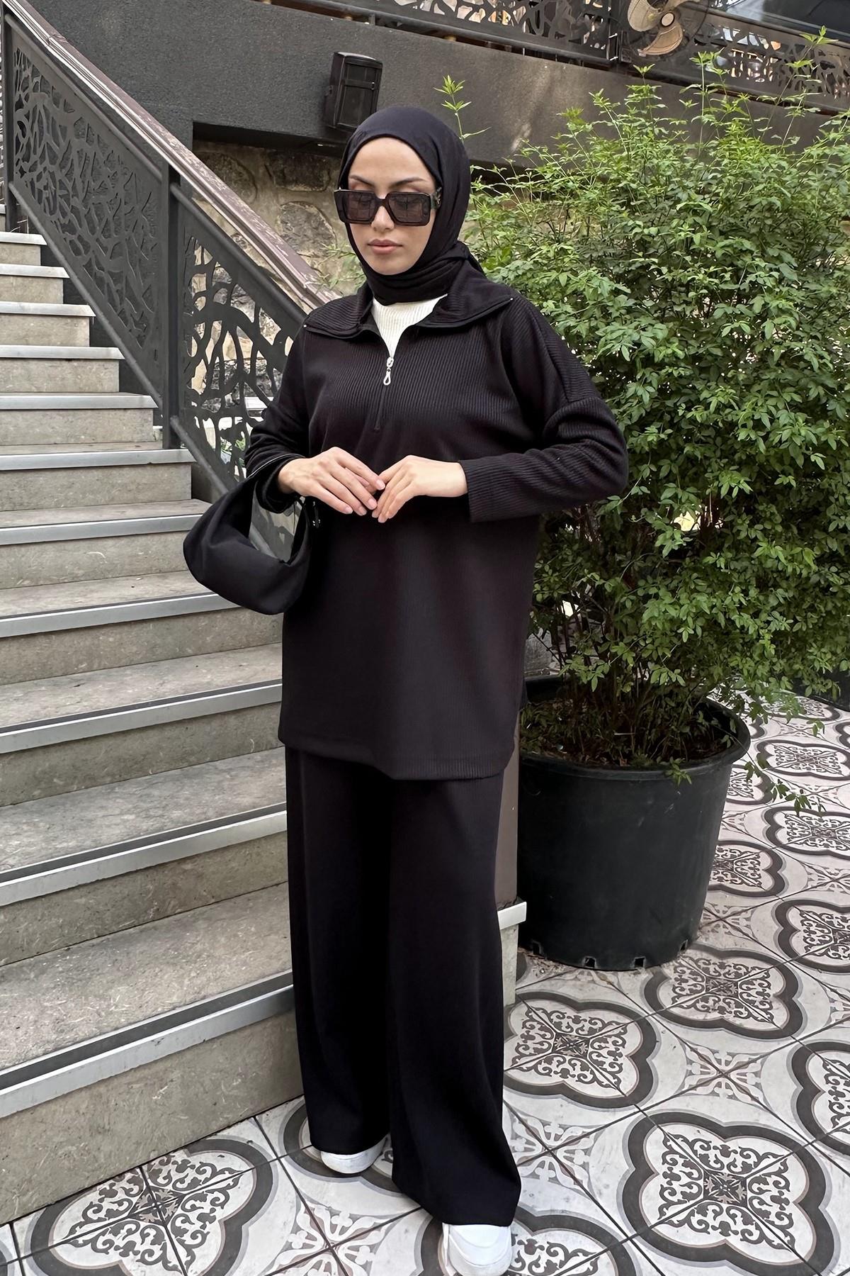 Relax Yakası Fermuarlı Triko Takım SİYAH