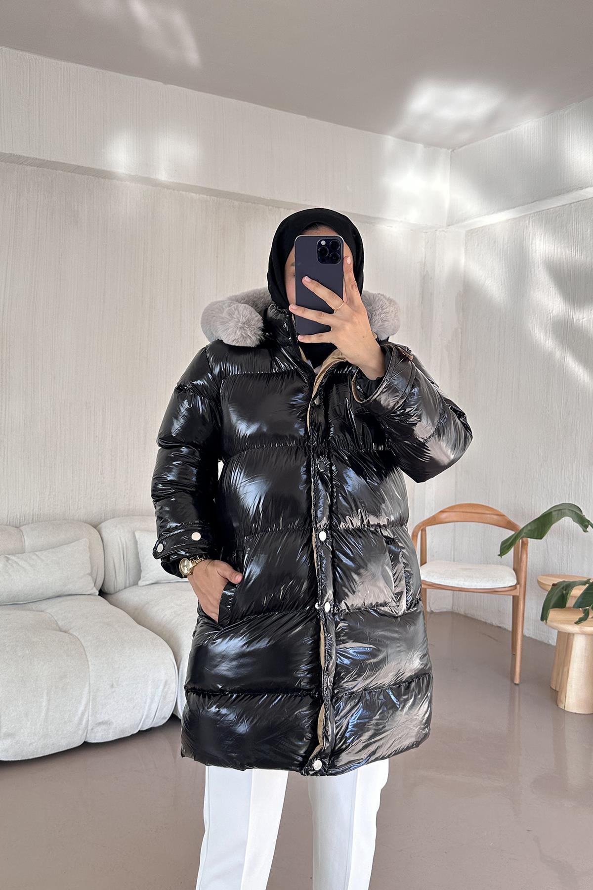 Rugan Kürk Detaylı Şişme Mont SİYAH