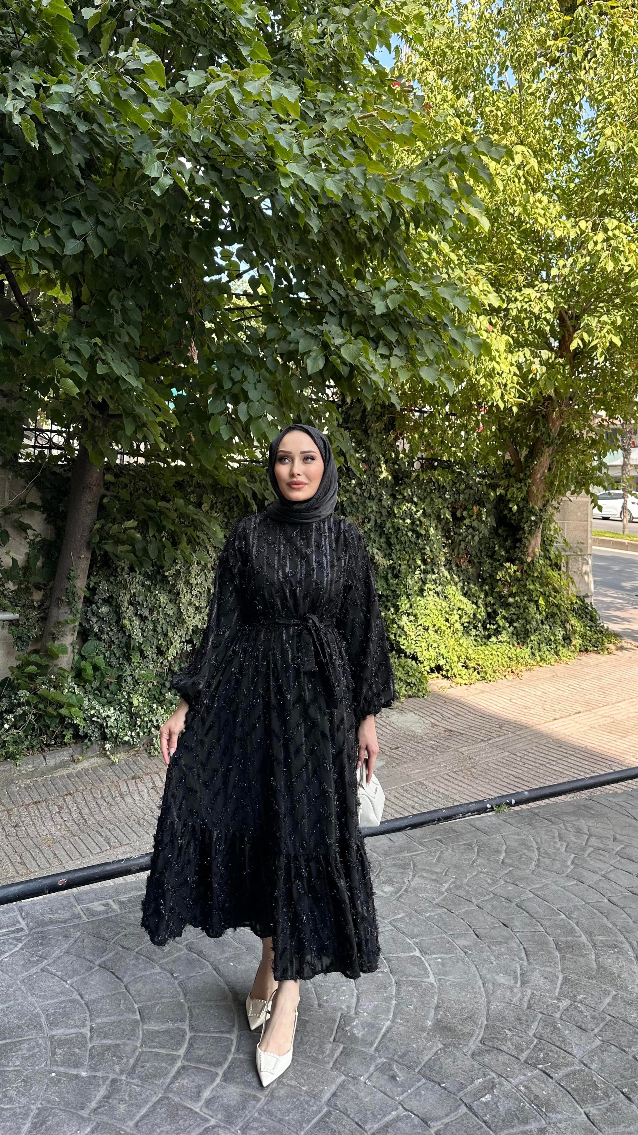 Saçaklı Parlak Elbise SİYAH