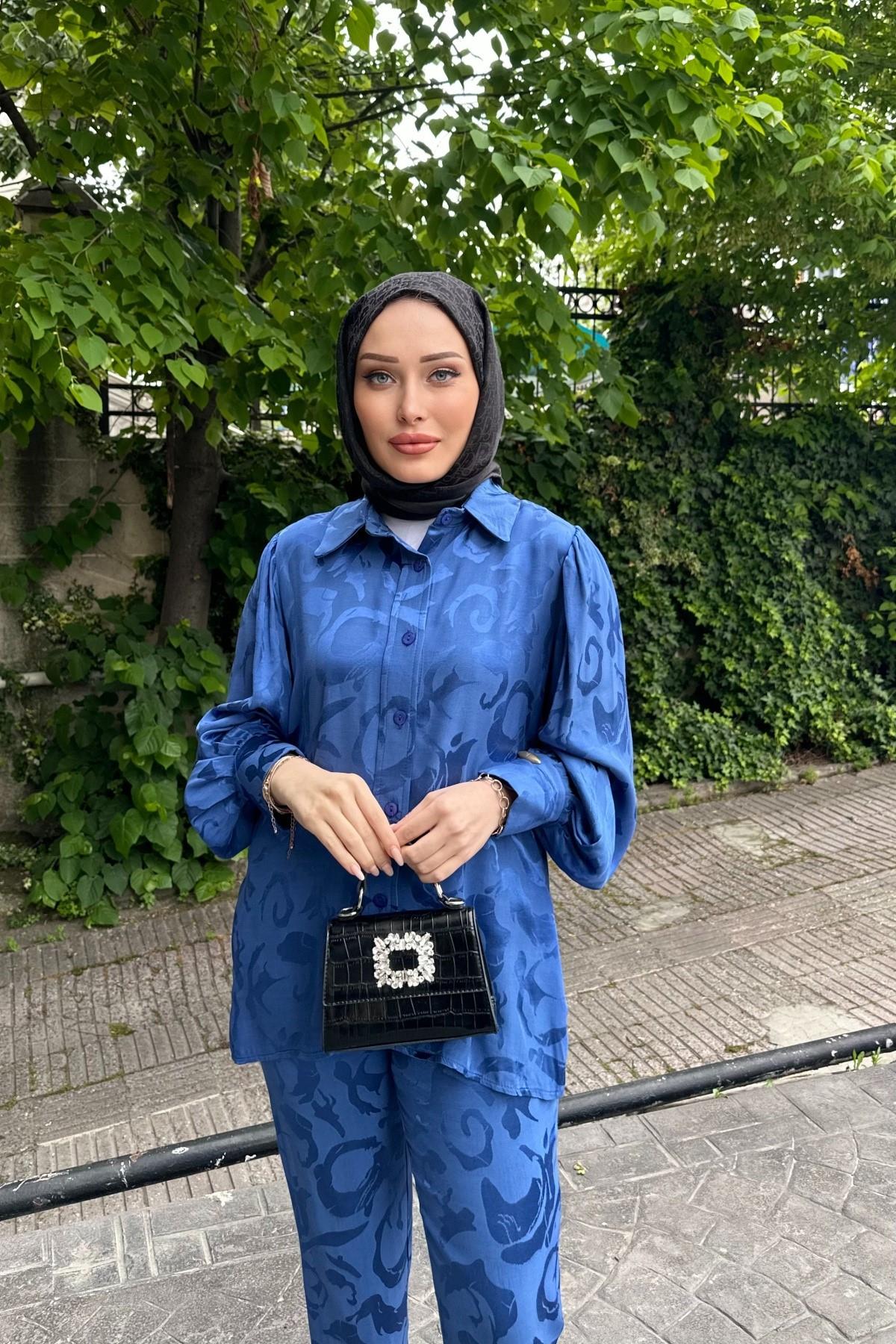 Saten Desenli Takim SAKS MAVİ