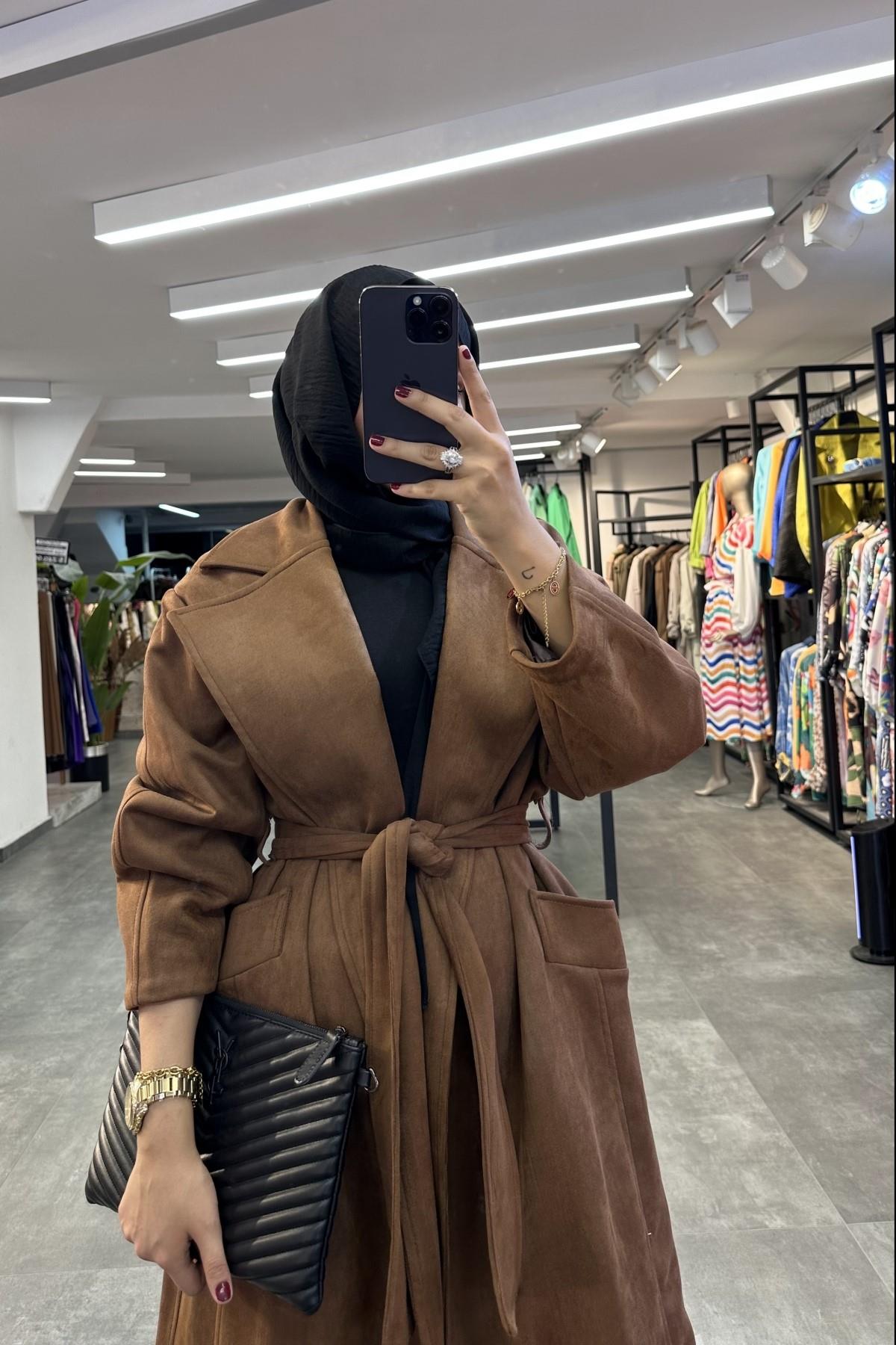 Soft Dokulu Trenckot KAHVERENGİ