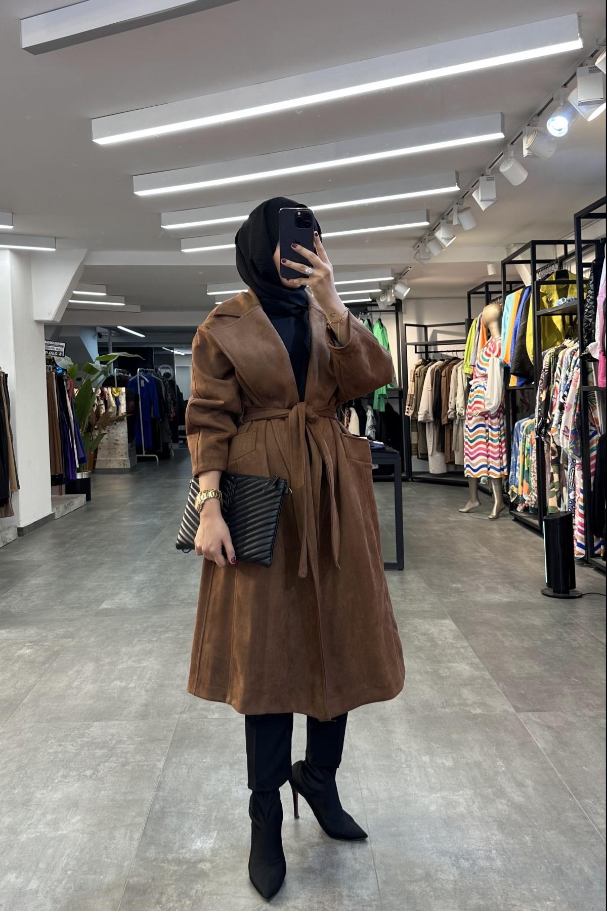 Soft Dokulu Trenckot KAHVERENGİ