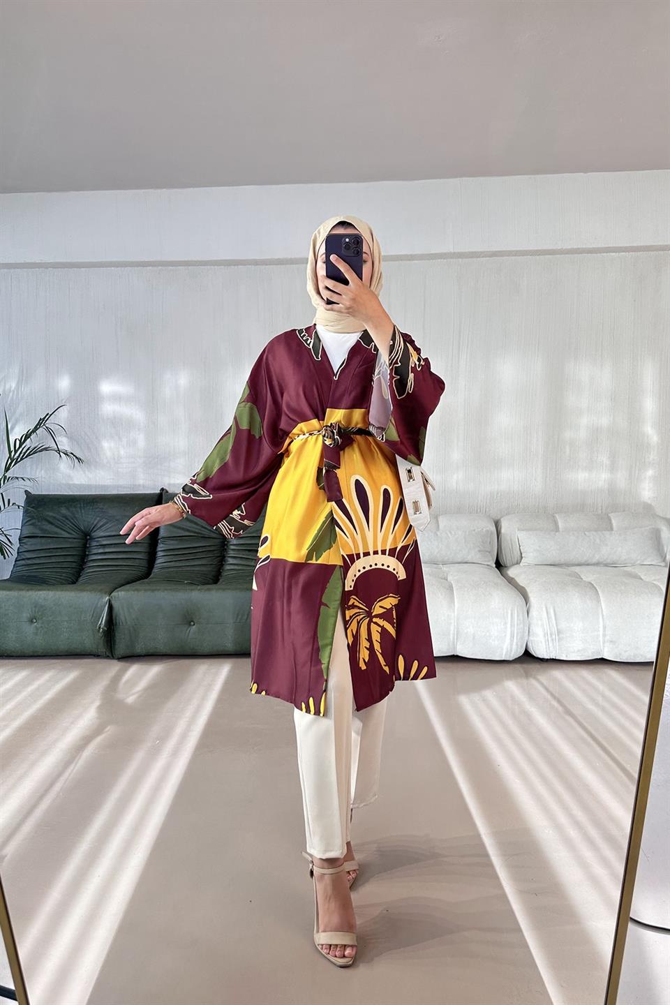 Yaprak Desenli Dream Kimono BORDO